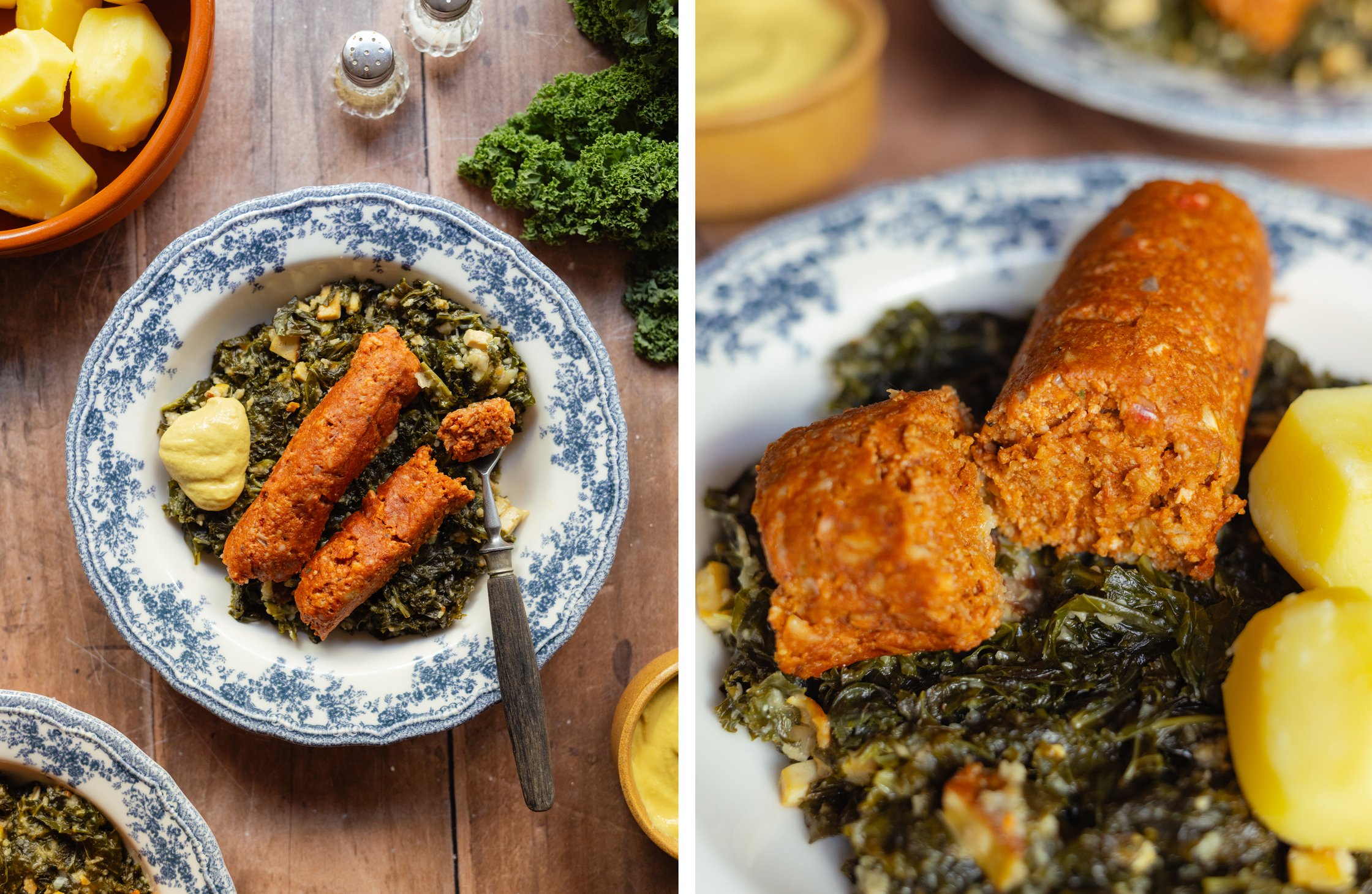 kale with vegan Pinkel sausage on a plate
