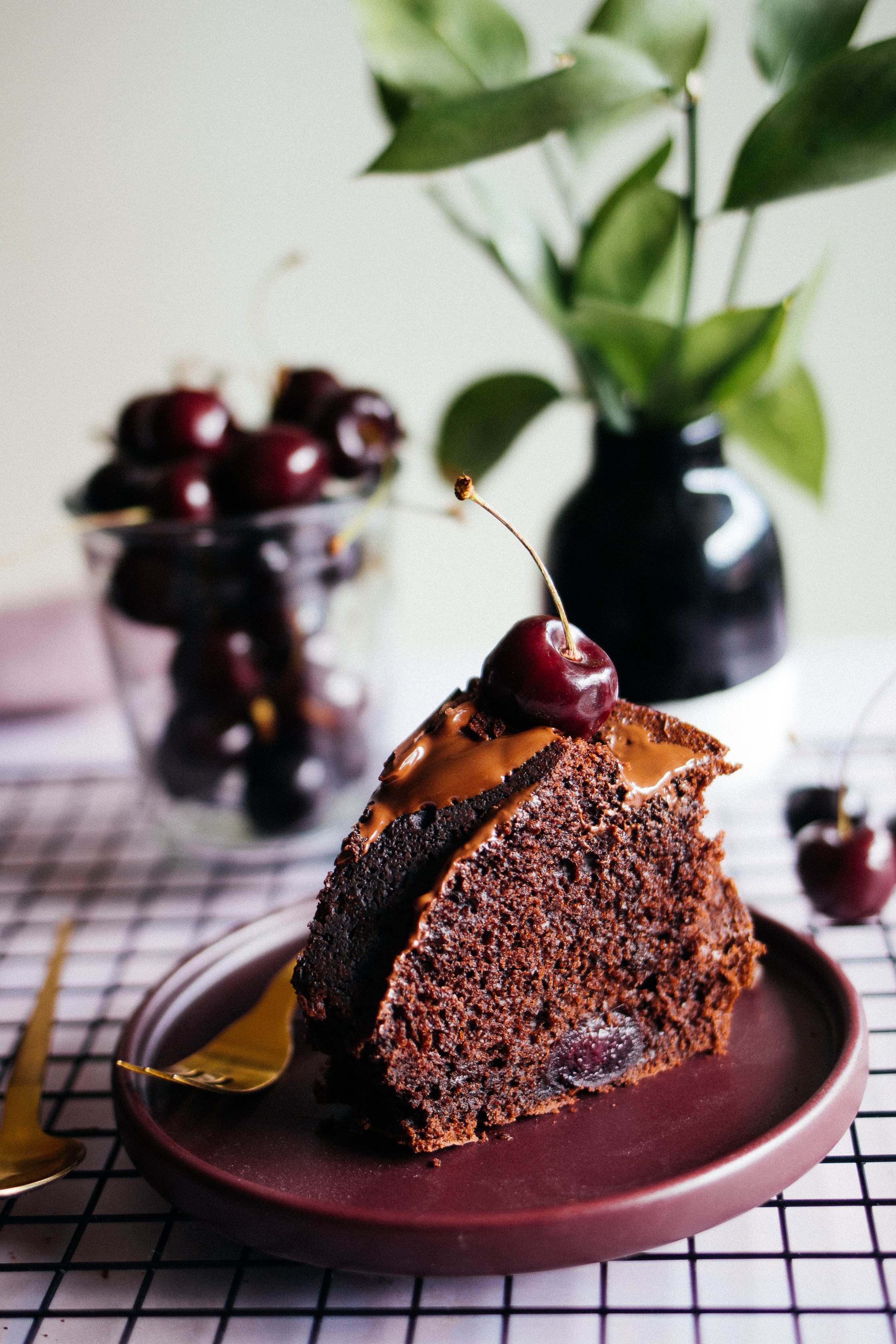 vegan bundt cake with chocolate and cherries
