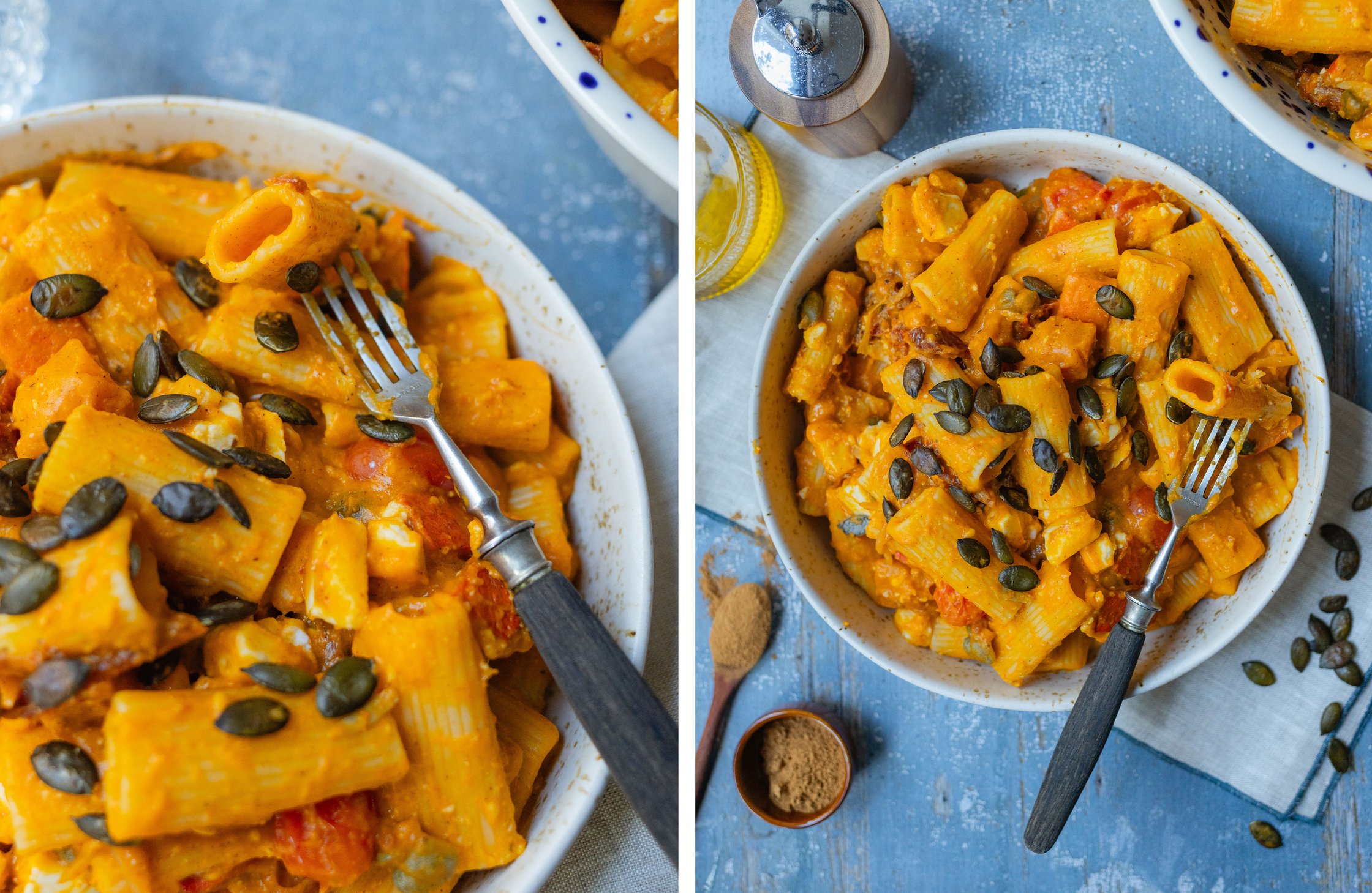 cremige vegane Kürbis-Pasta mit Tomate und Feta auf einem tiefen Teller