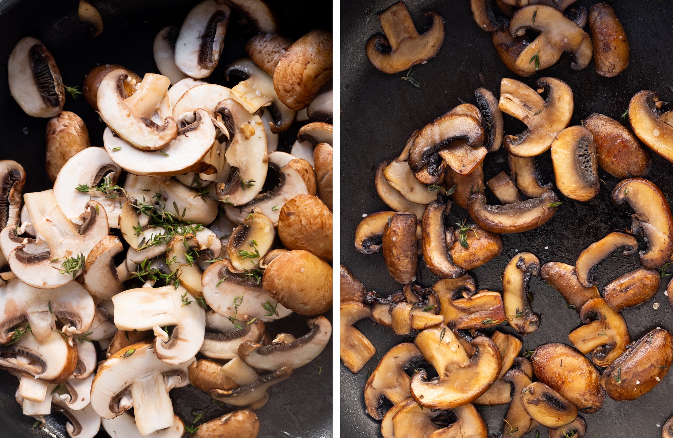 links: Pilze in einer pfanne mit Thymian, ungebraten
rechts: Pilze in einer pfanne mit Thymian, gebraten