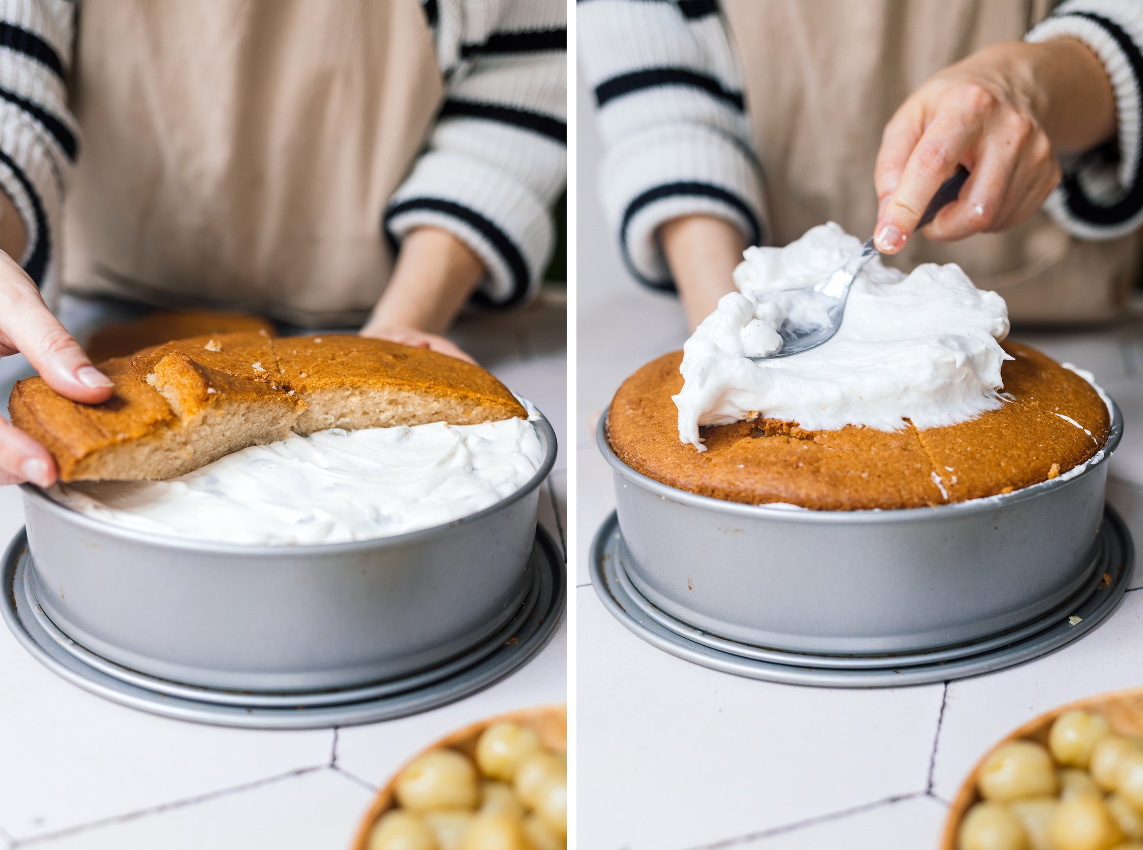layering second cake base and meringue cake for Vegan Gooseberry Meringue Cake