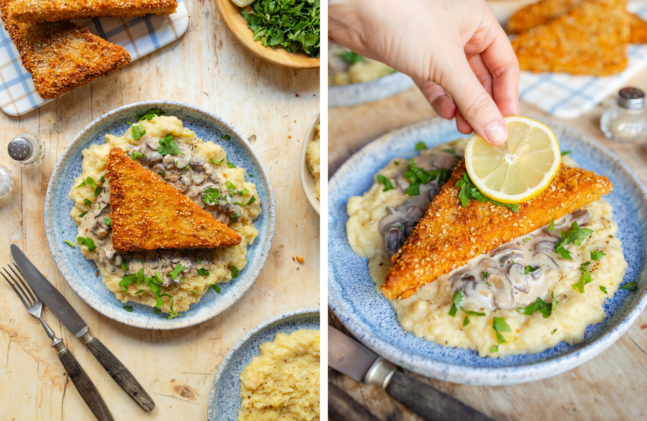 Tempehschnitzel mit Kartoffel-Pastinaken-Püree und Pilzsoße dekoriert auf einem Teller