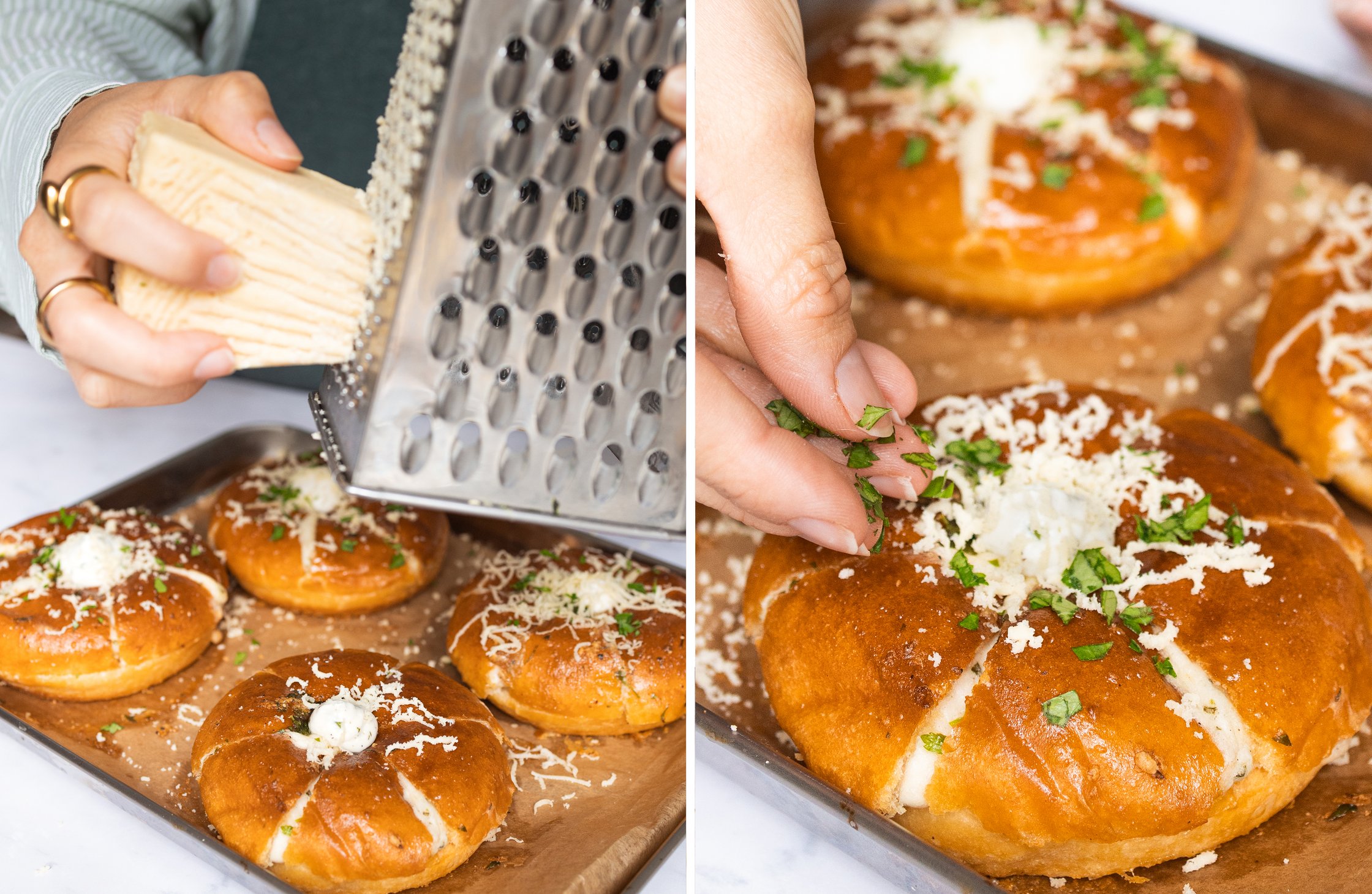 Left: Vegan Parmesan is grated onto filled burger buns. Right: Burger bun is garnished with parsley.