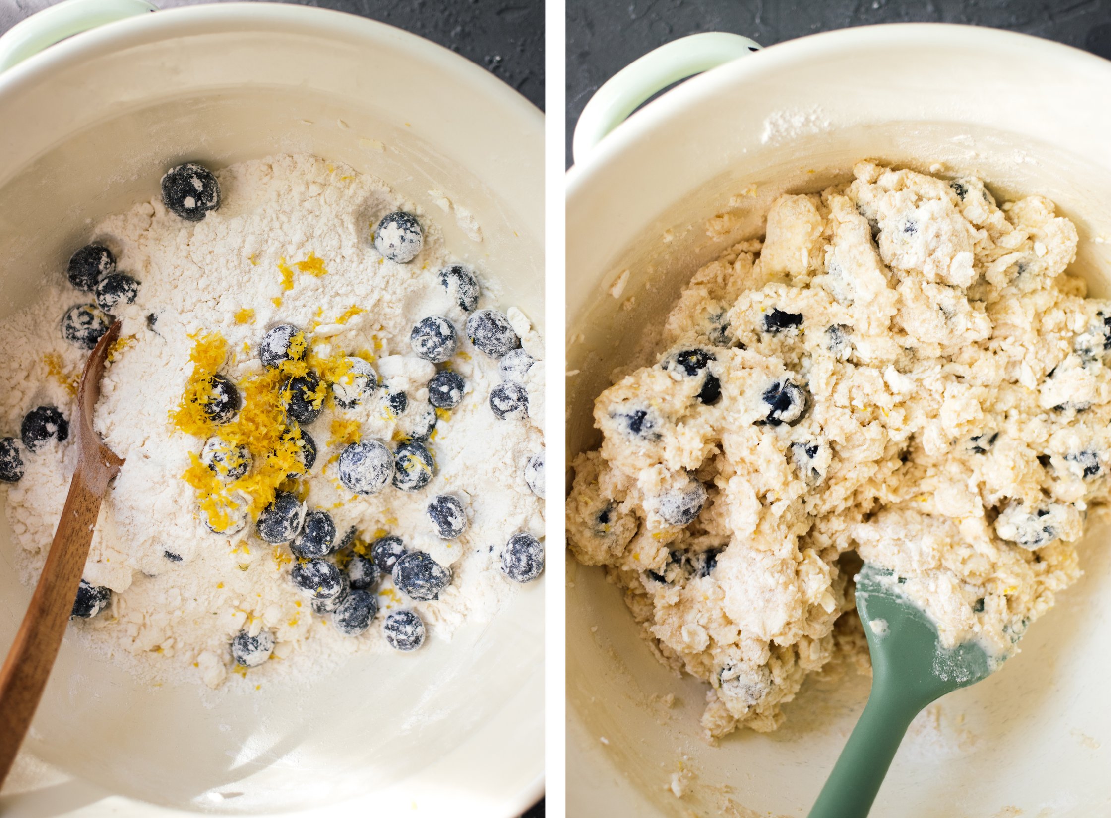 adding blueberries to dough for vegan scones