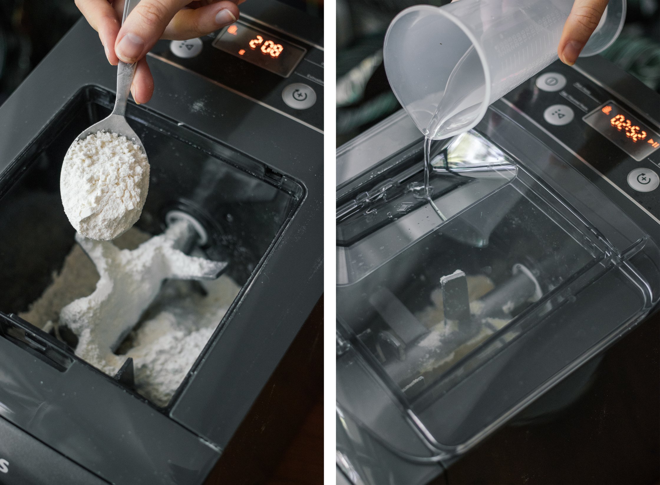 adding flour and water to the pasta maker