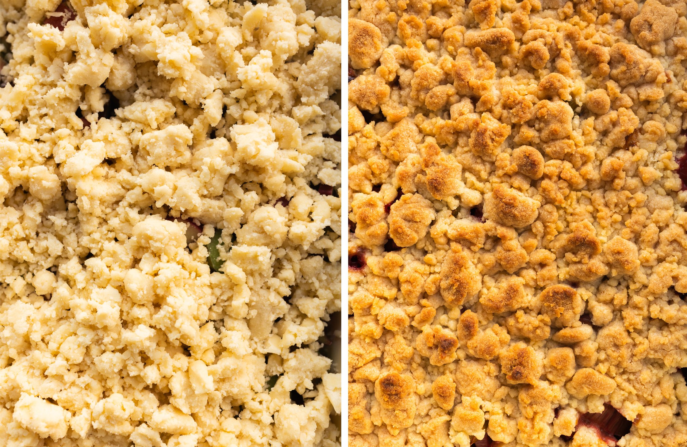 Es sind 2 nahe Aufnahmen vom Rhababercrumble von oben zu sehen. Links ist er noch nicht gebacken und rechts hat er schon eine