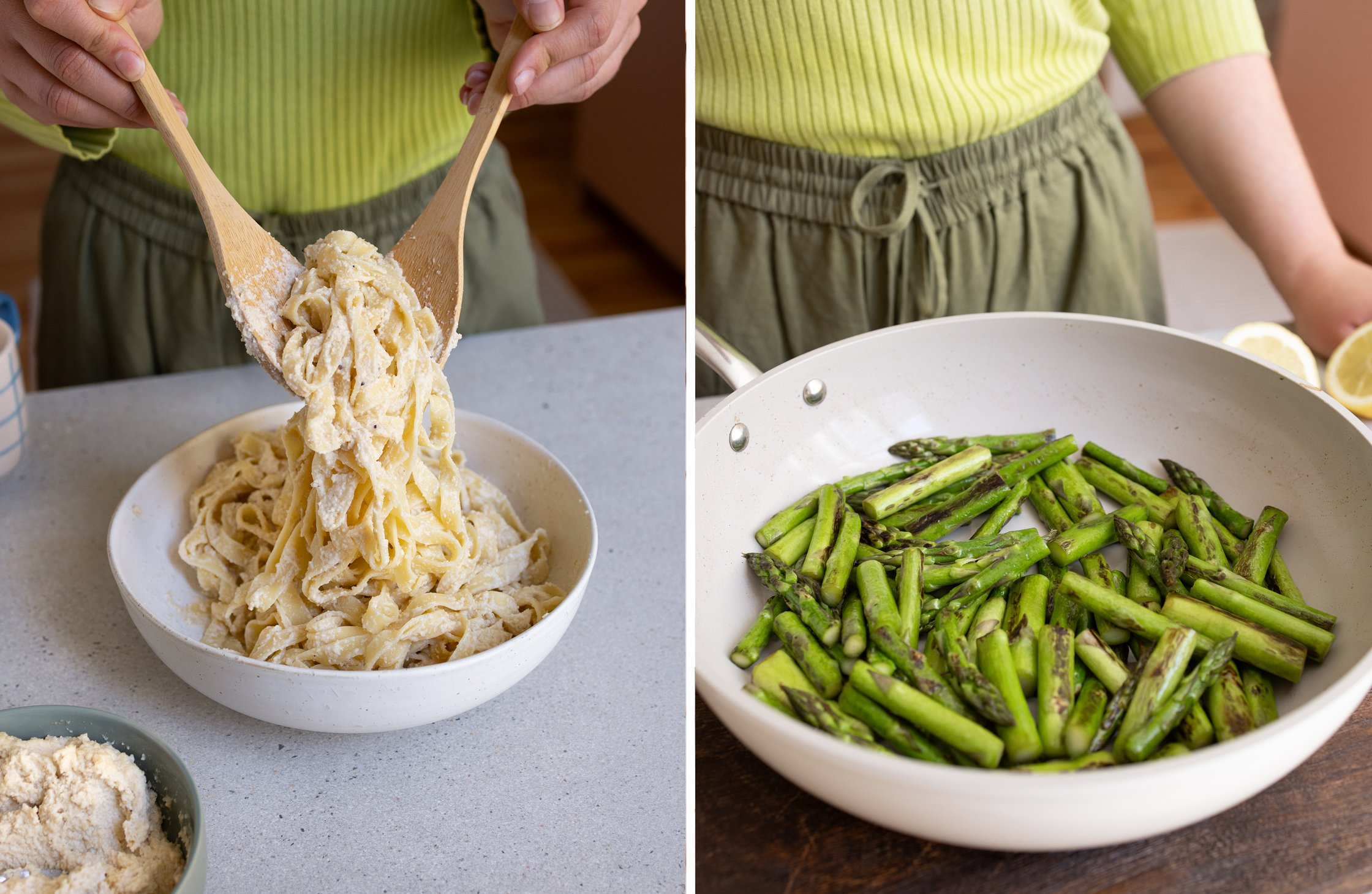 Links: Nudeln werden mit Ricotta vermengt. Rechts: Gebratener grüner Spargel.