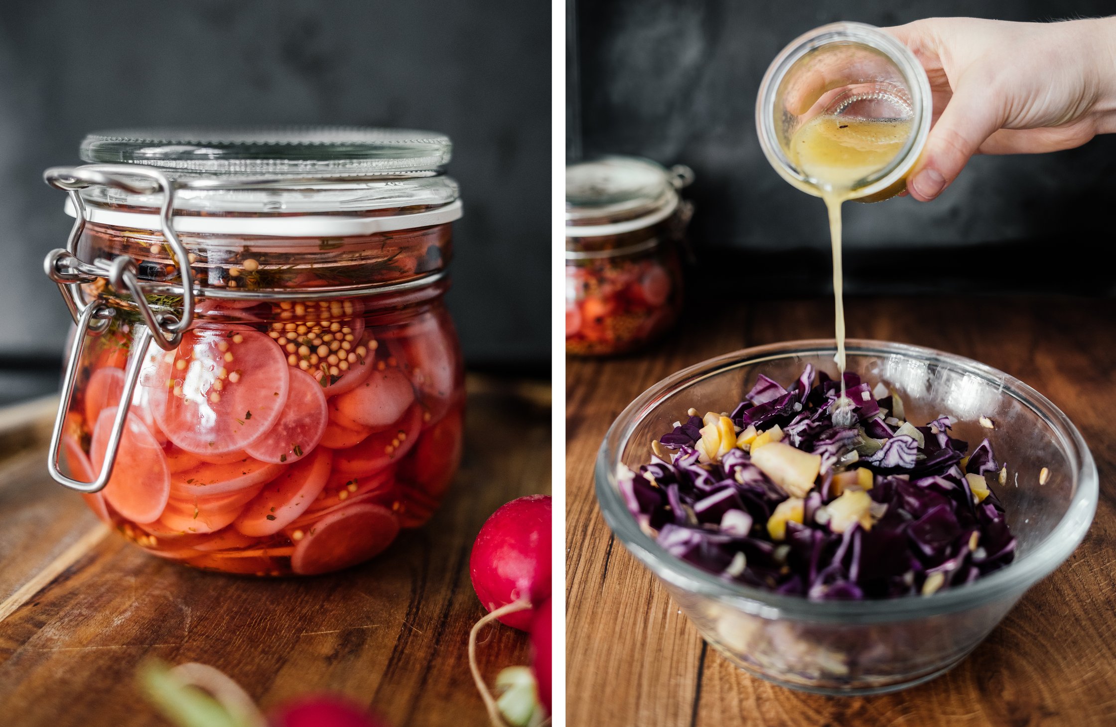 pickled radishes in a jar; red cabbage salad with dressing