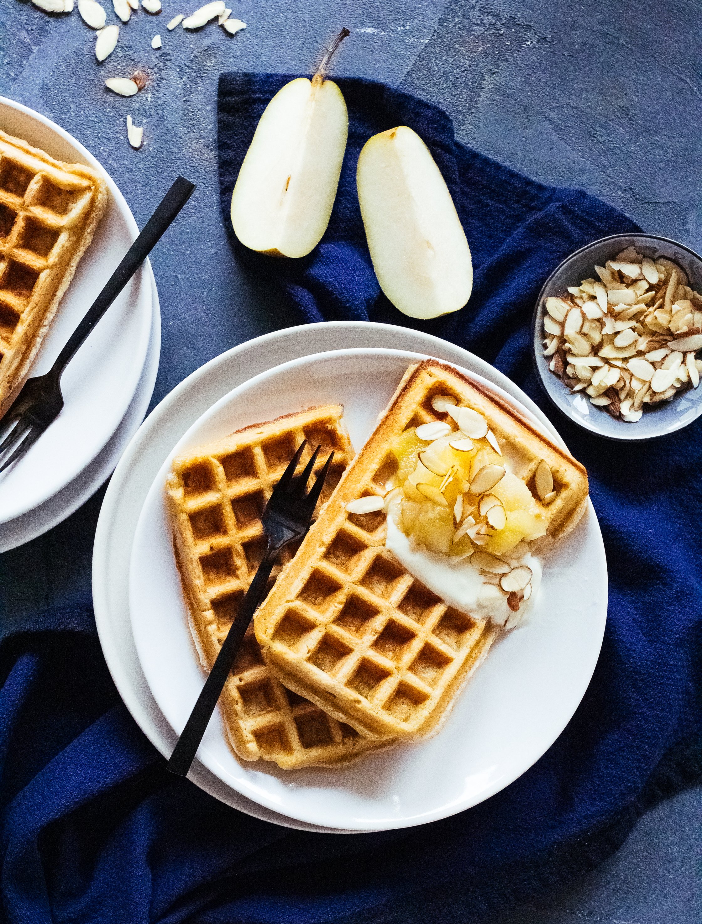 vegan oat waffles with yogurt and apple compote