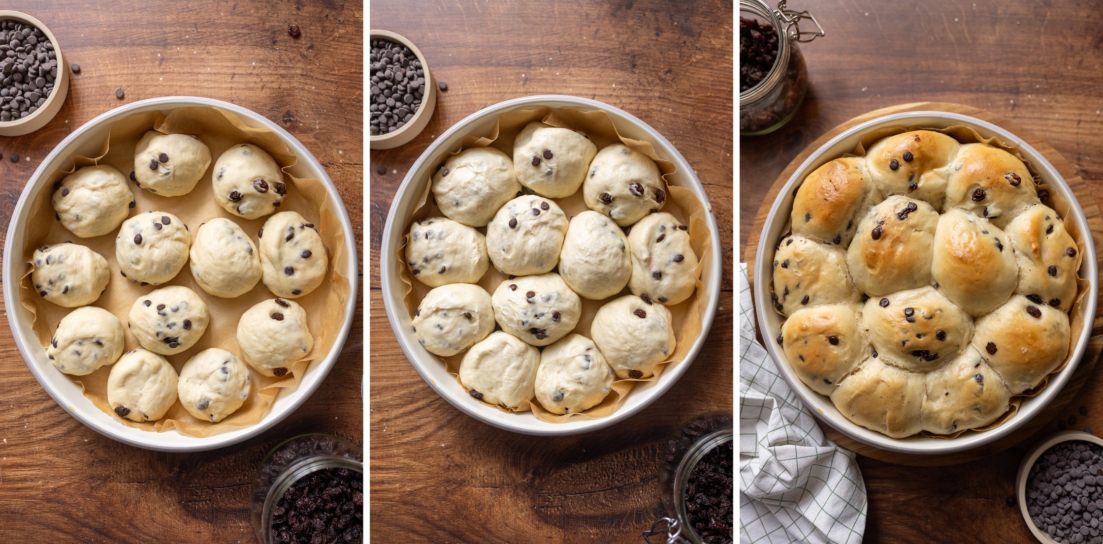 Vegan milk rolls in a baking dish before and after proofing and baking