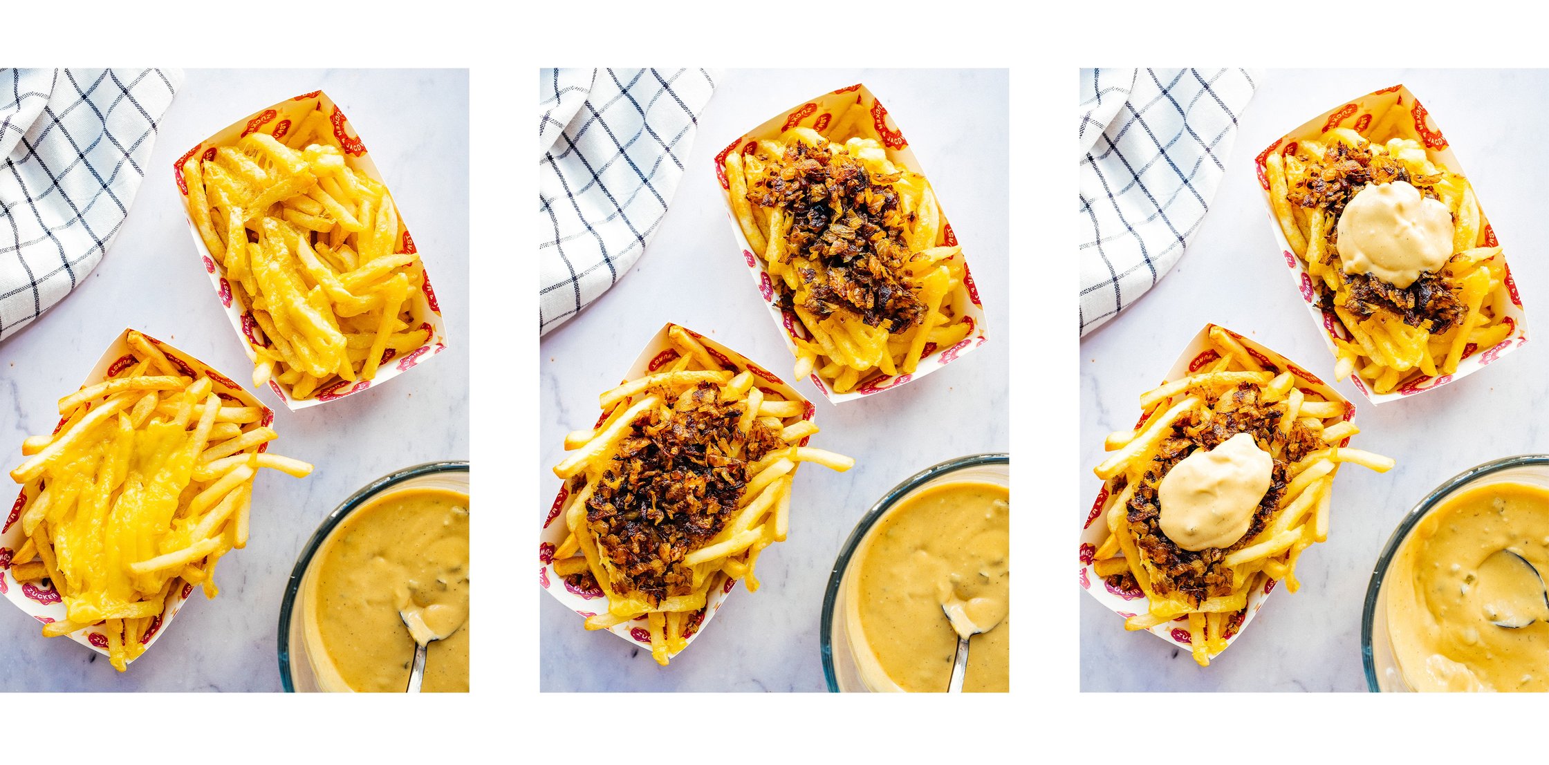 vegane Animal Style Fries werden getoppt