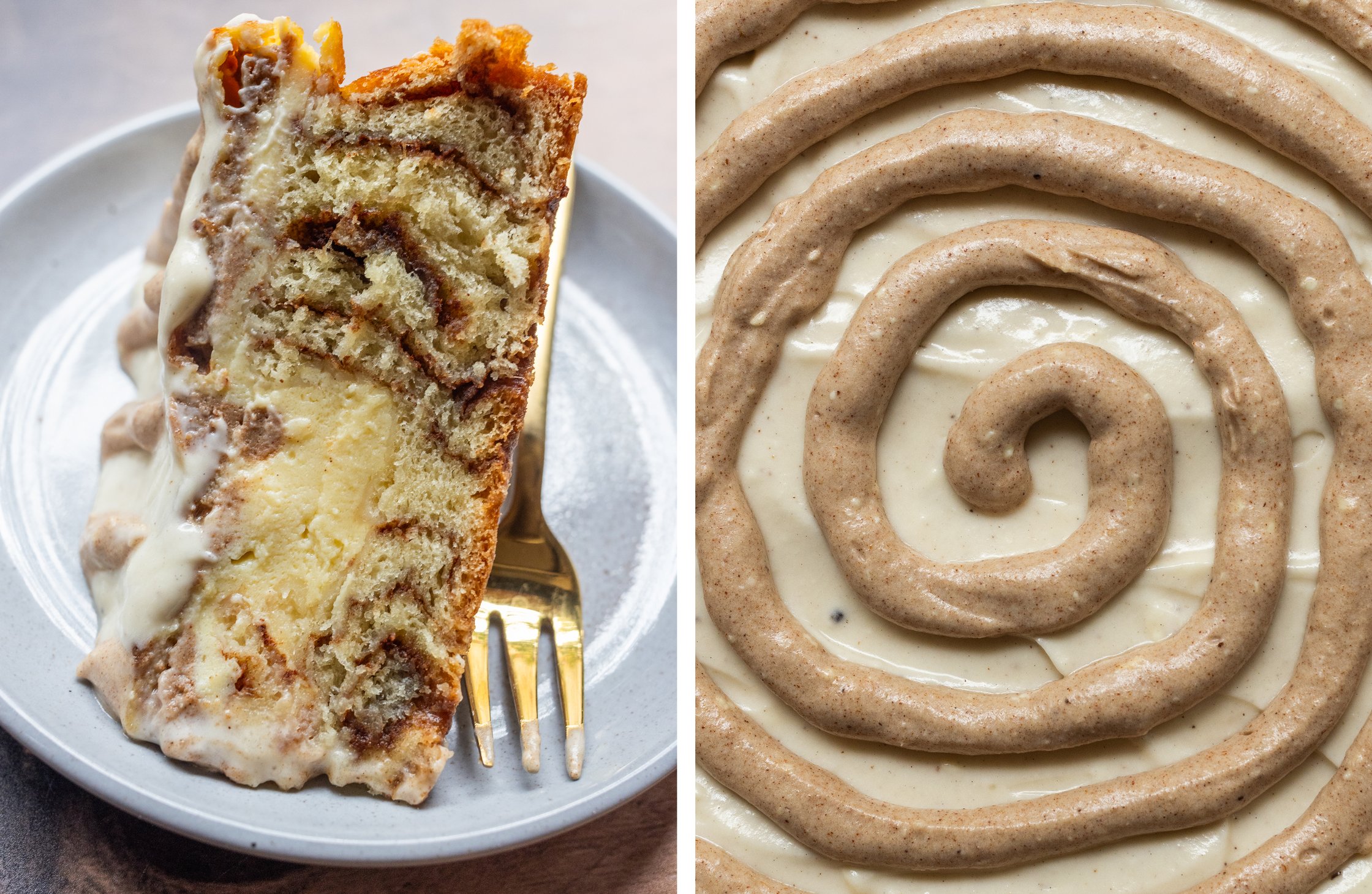 Hier sieht man das Innere des Kuchens und den Kringel aus Frosting auf dem Kuchen.