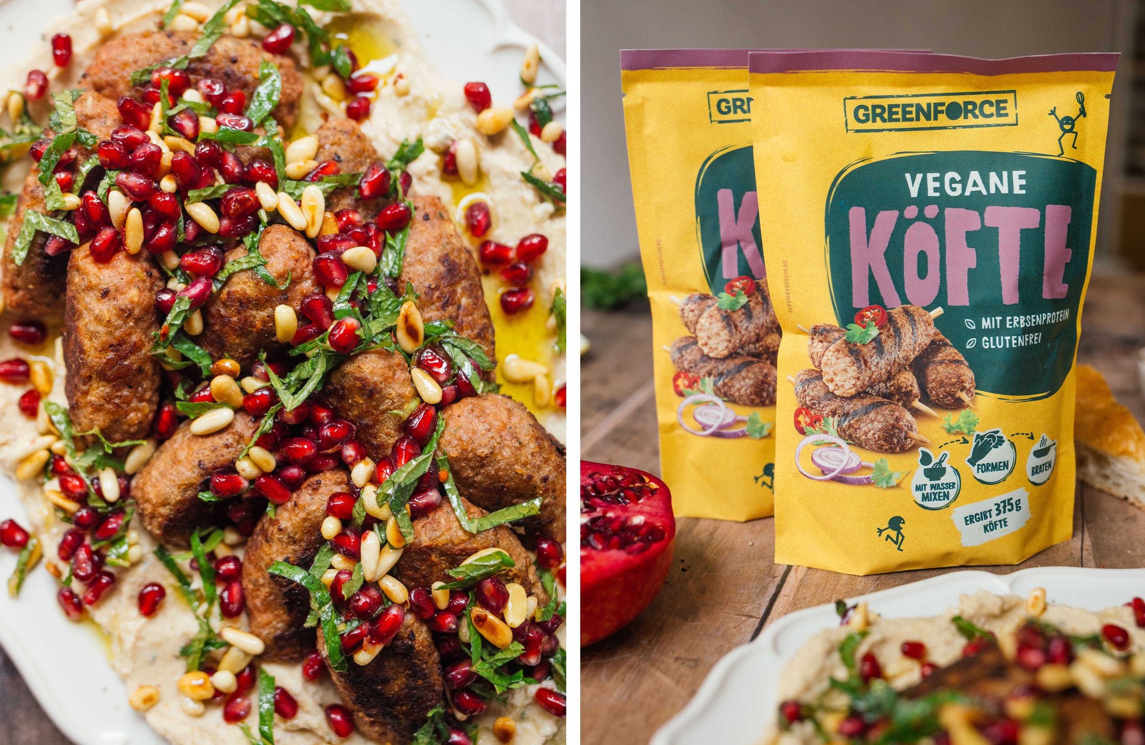 vegan kofta on white bean puree with pomegranate topping served on a platter; dry mix for vegan kofta by greenforce