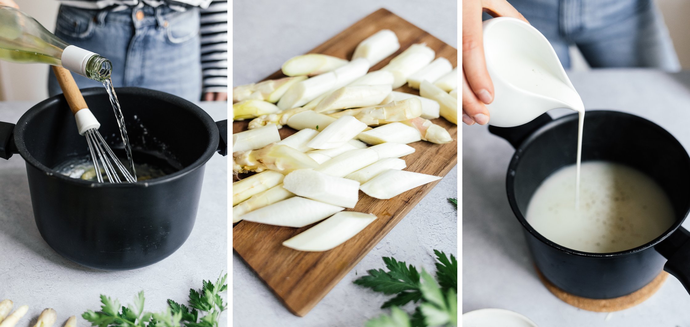 veganen Weißwein und vegane Sahne in einen Topf geben; geschnittener Spargel