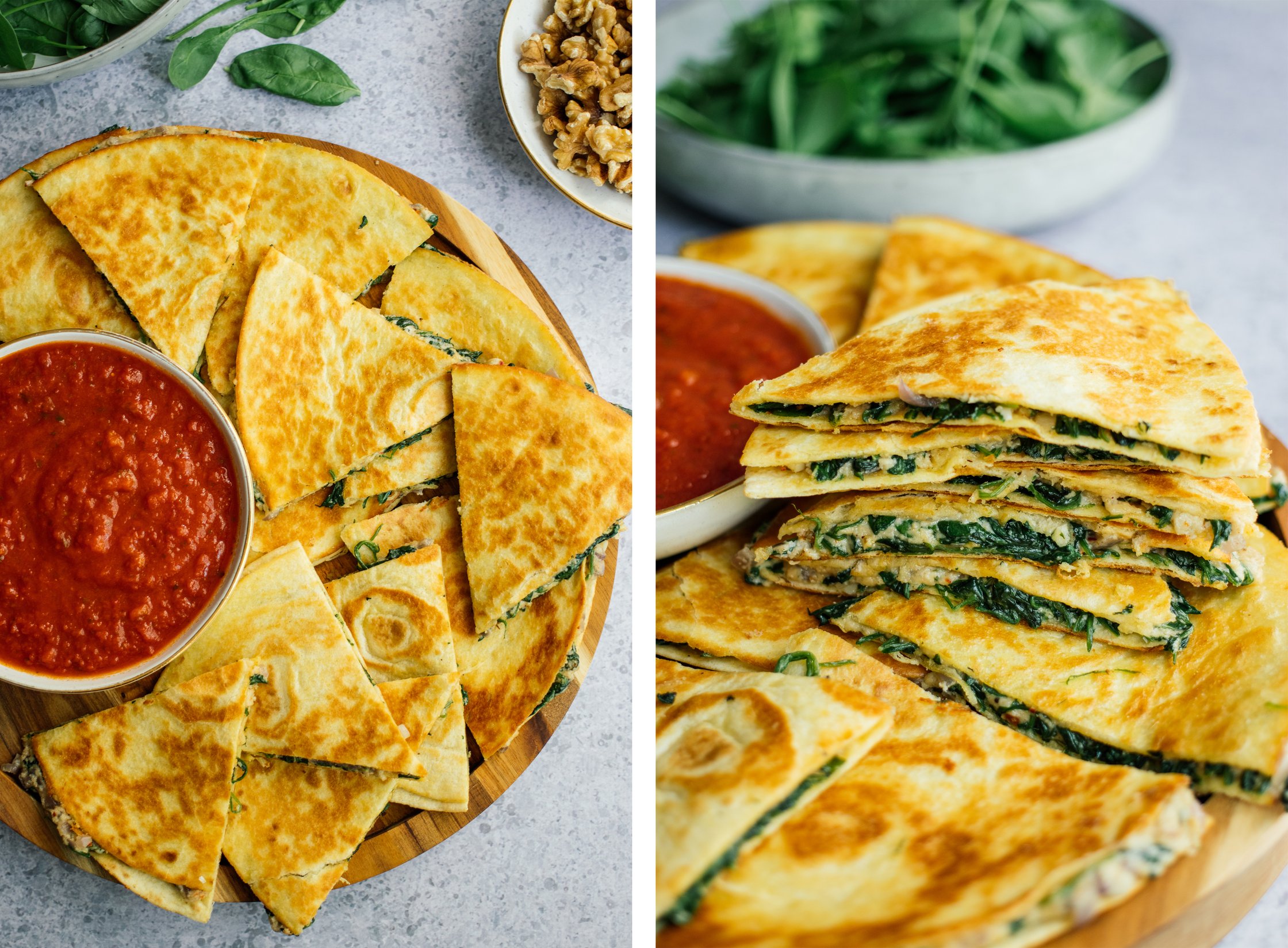 nahaufnahme von veganen spinat quesadillas