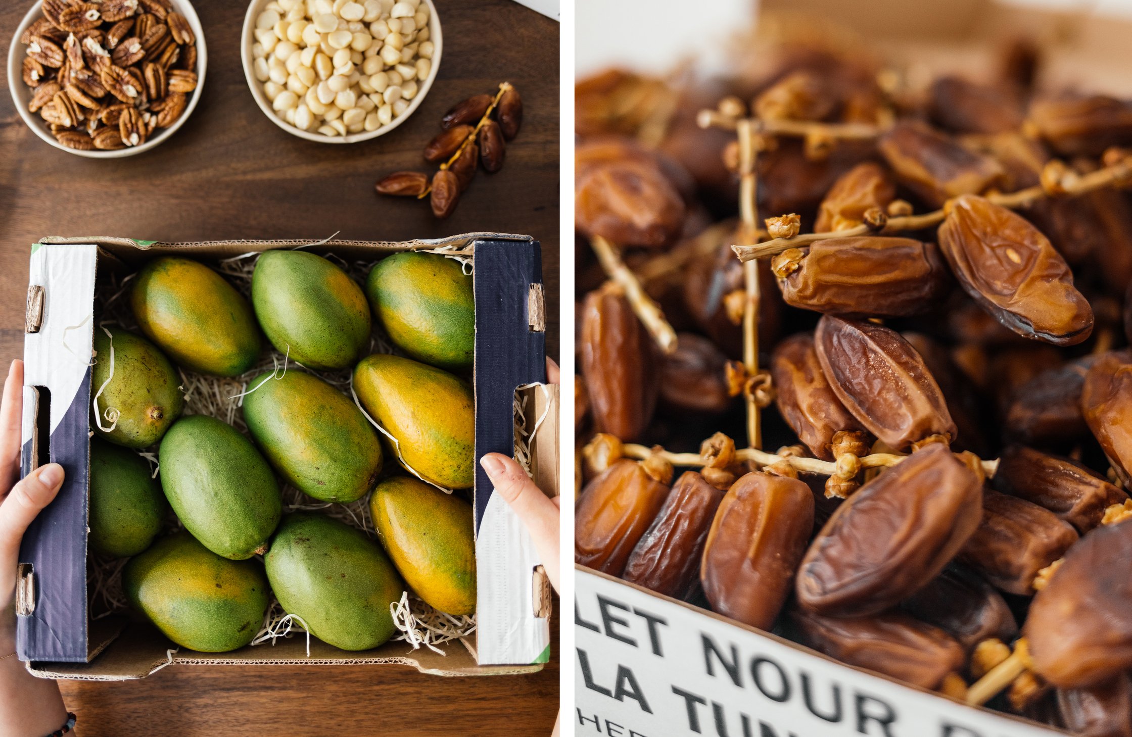 a box with mangos and dates