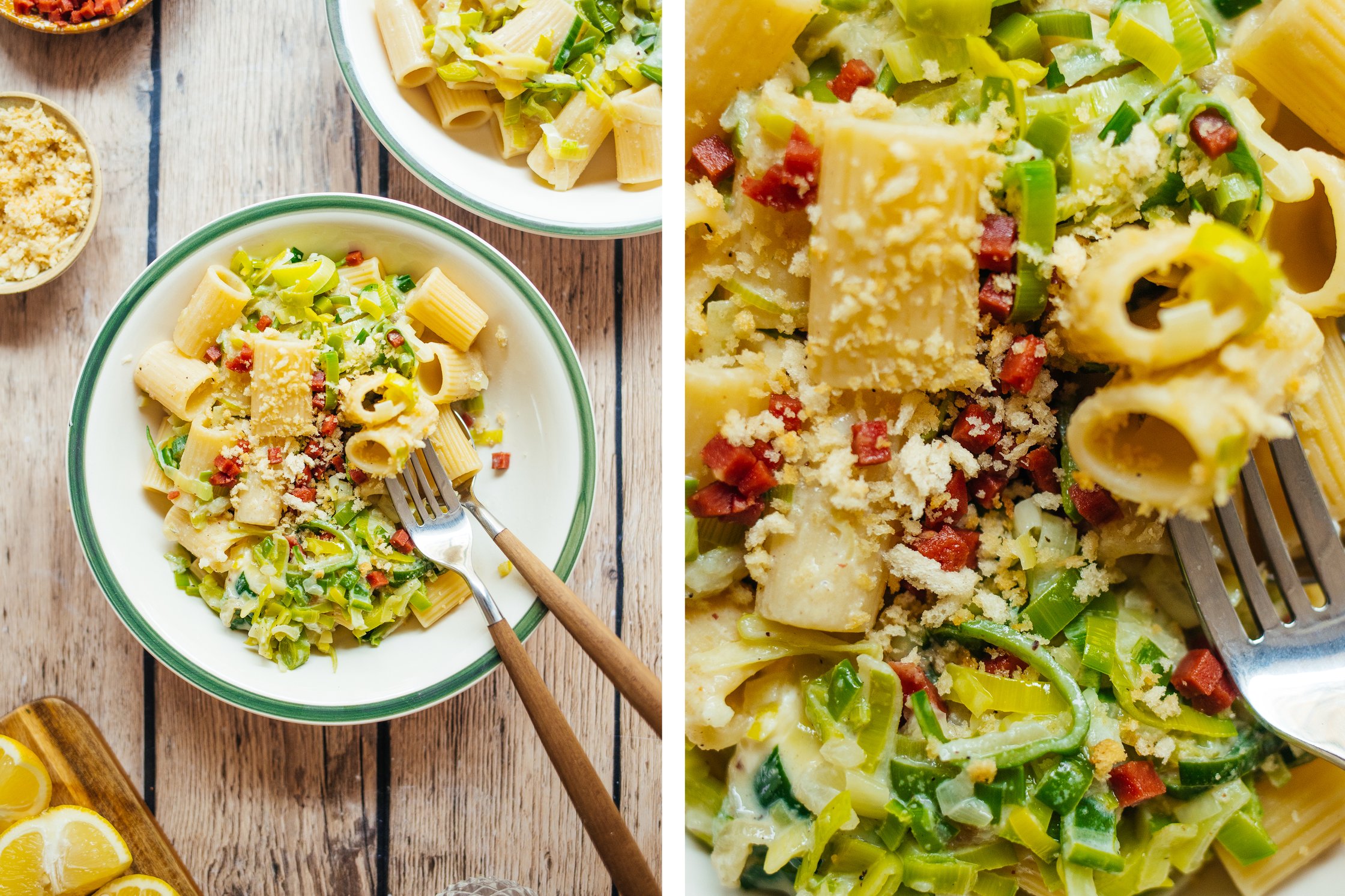 vegane Lauch-Pasta mit Speckwürfeln