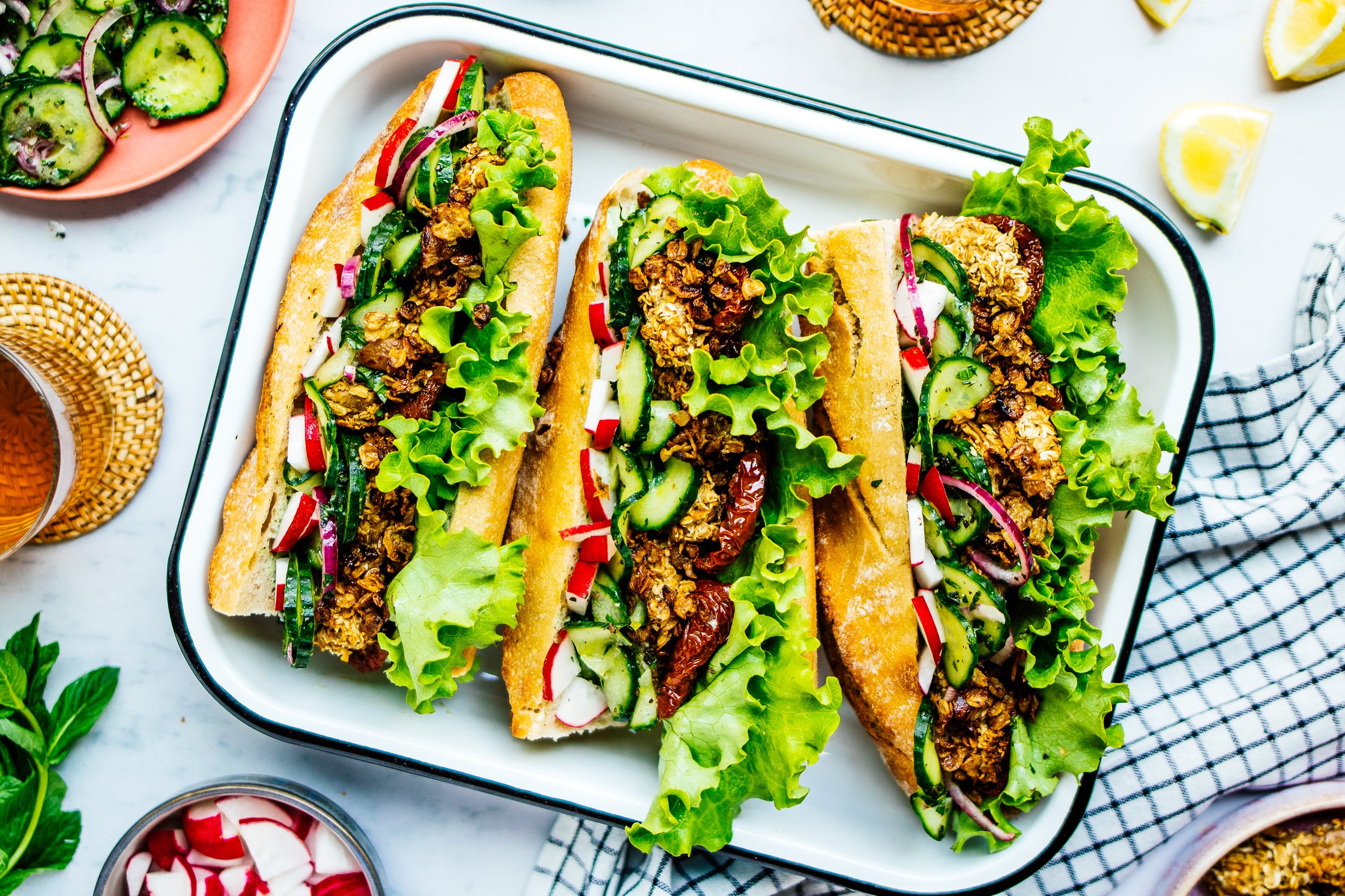 three vegan chicken sandwiches in a box