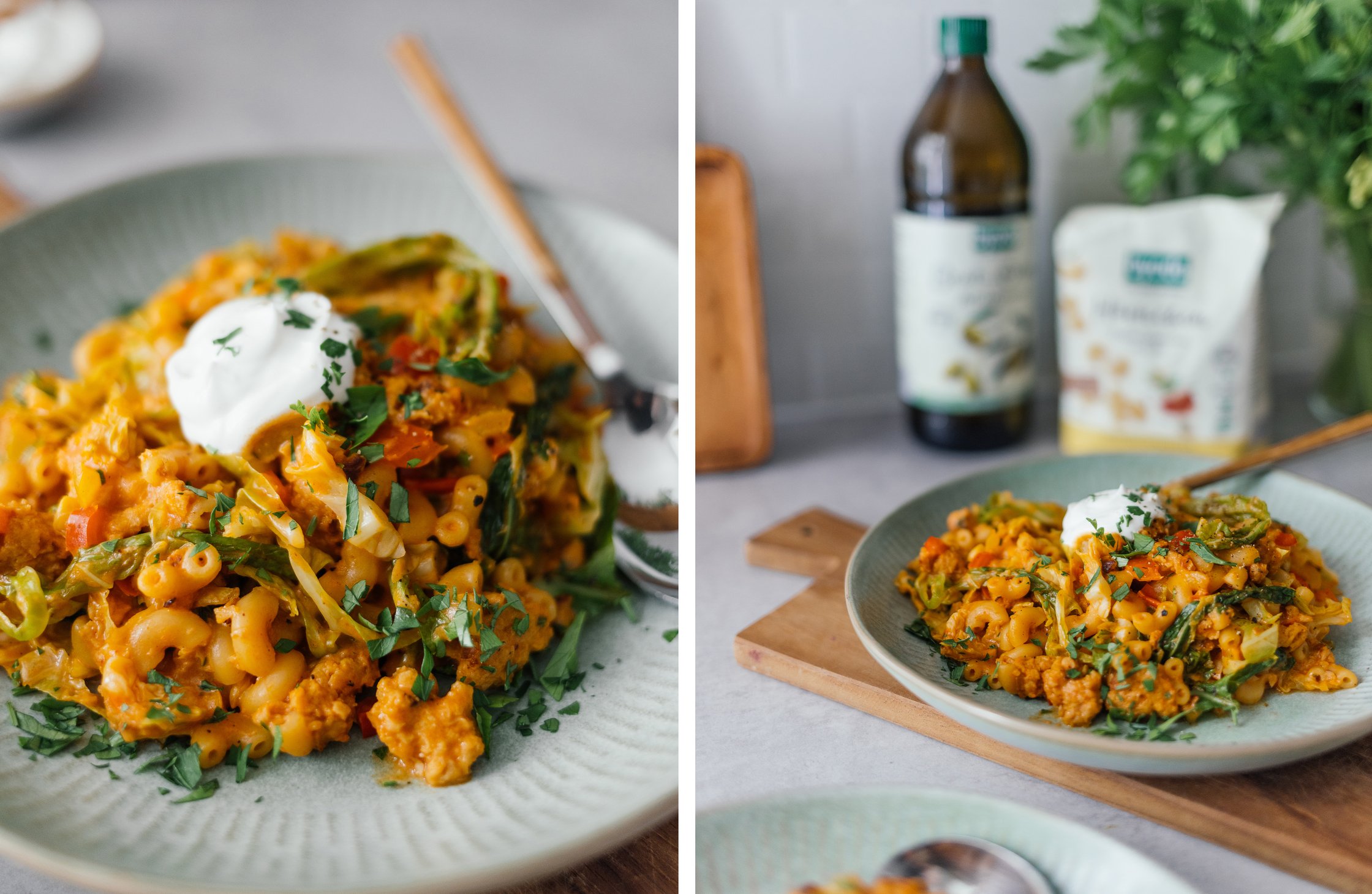vegan one pot pasta with savoy cabbage served