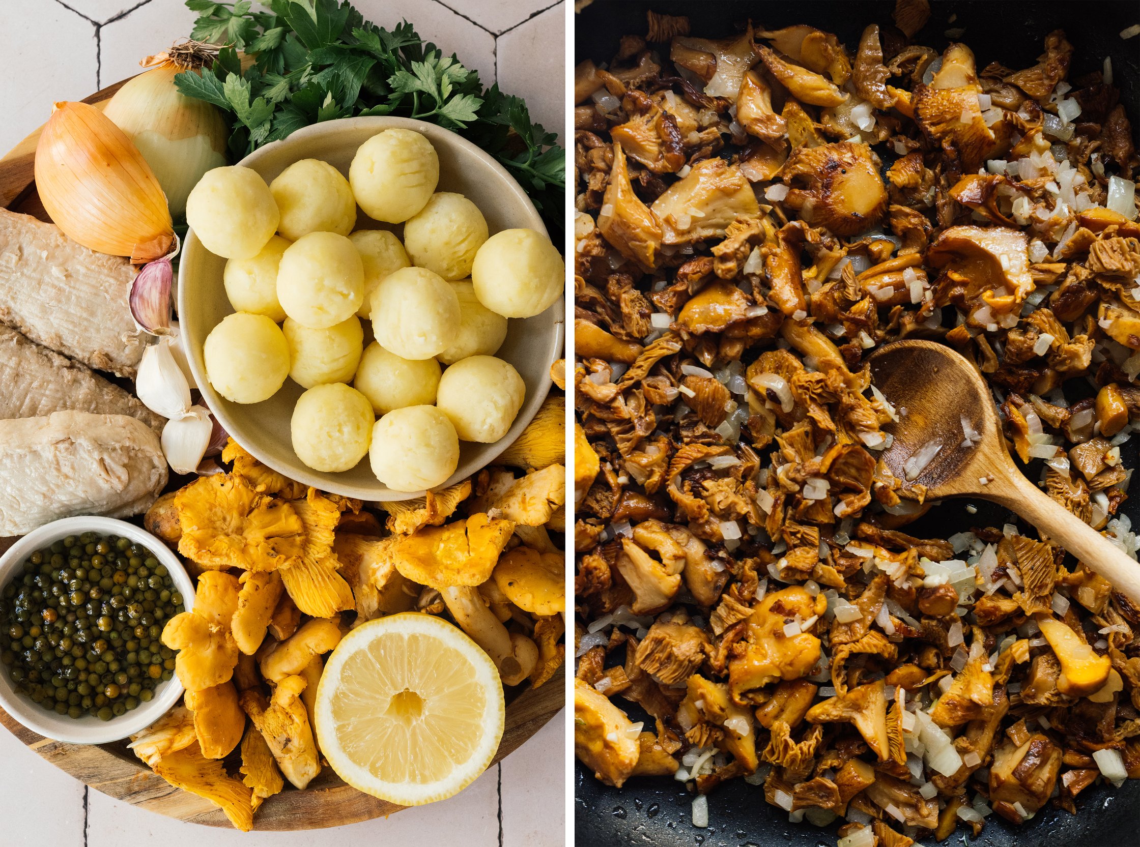Zutaten für vegane Filets in Pfifferling-Rahm-Pfeffer-Soße mit Miniknödeln