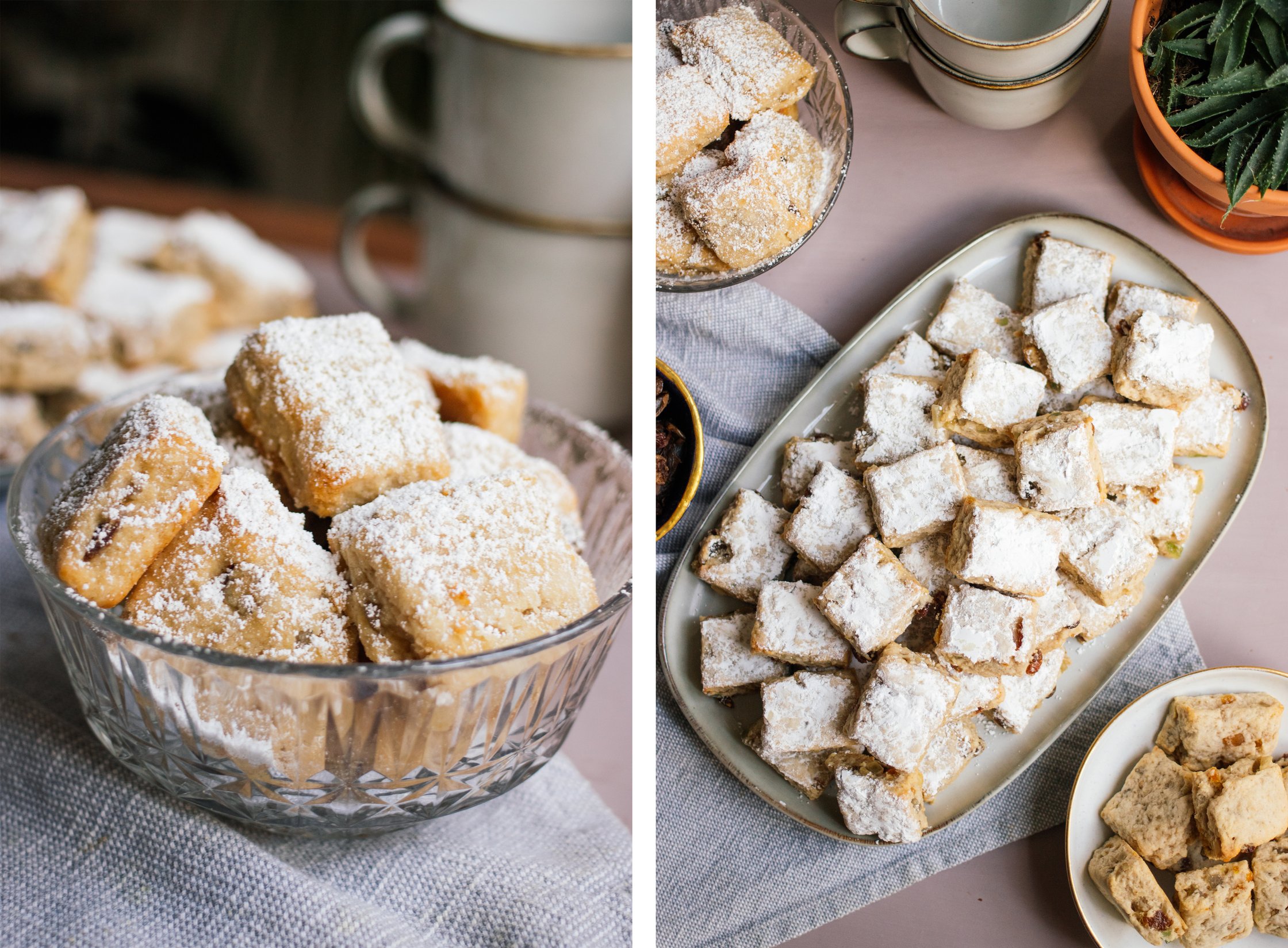 veganes stollenkonfekt mit puderzucker bestäubt
