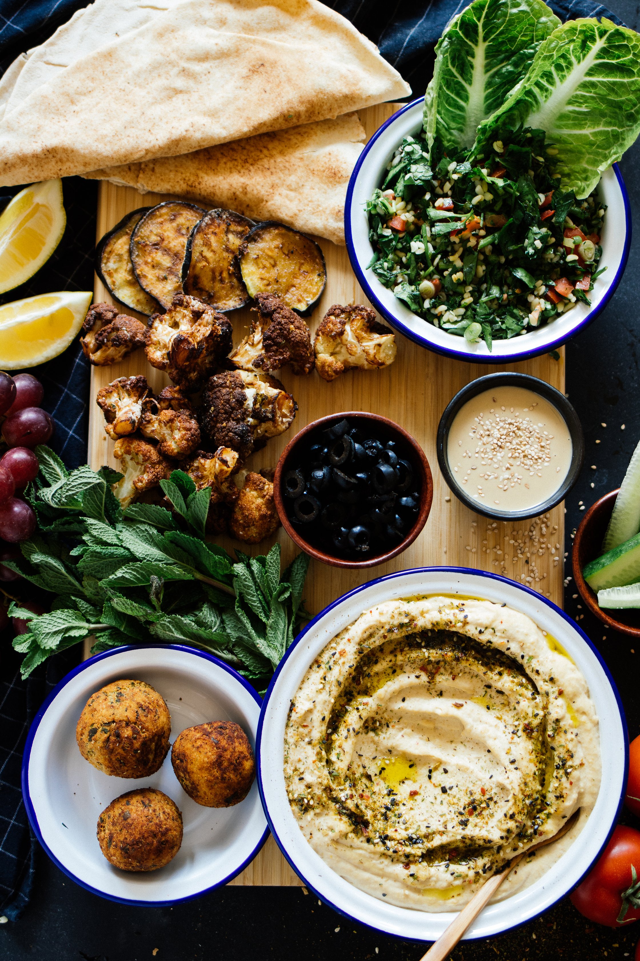Hummus with falafel, tabbouleh and makali