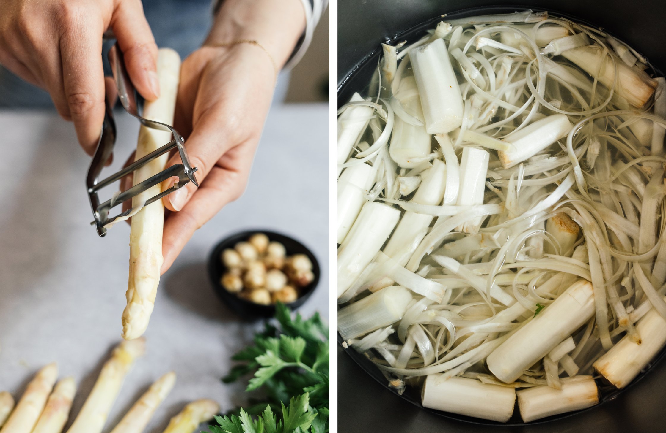 peeling asparagus and cooking the peel