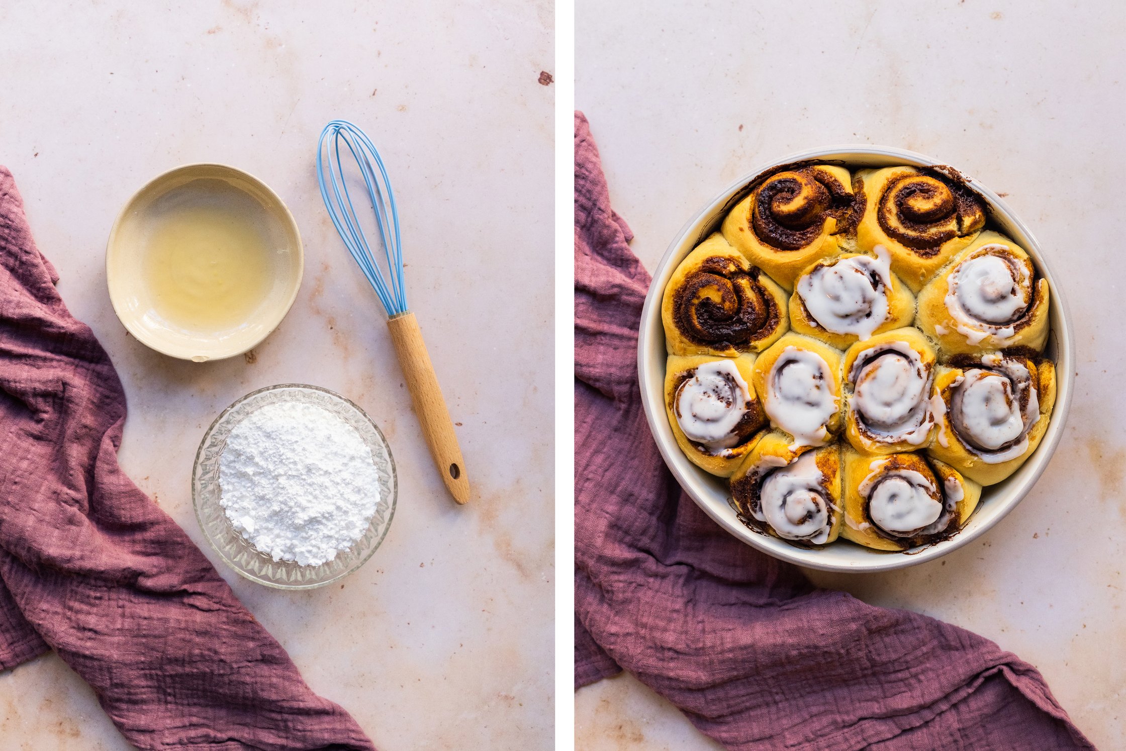 Gebackene vegane Zimtschnecken werden mit veganem Frosting getoppt.