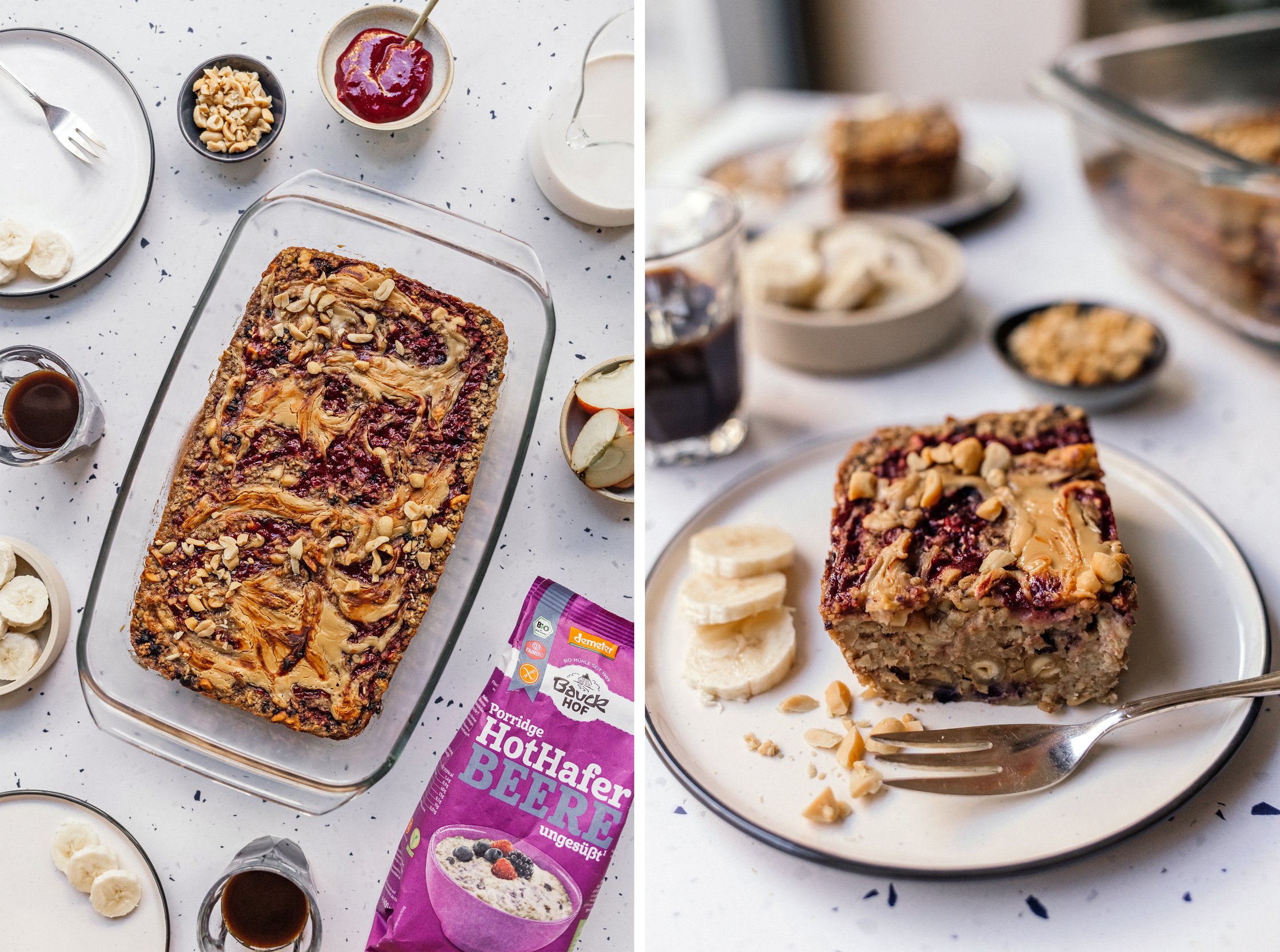 a piece of Vegan Baked Oatmeal with Peanut Butter & Jam