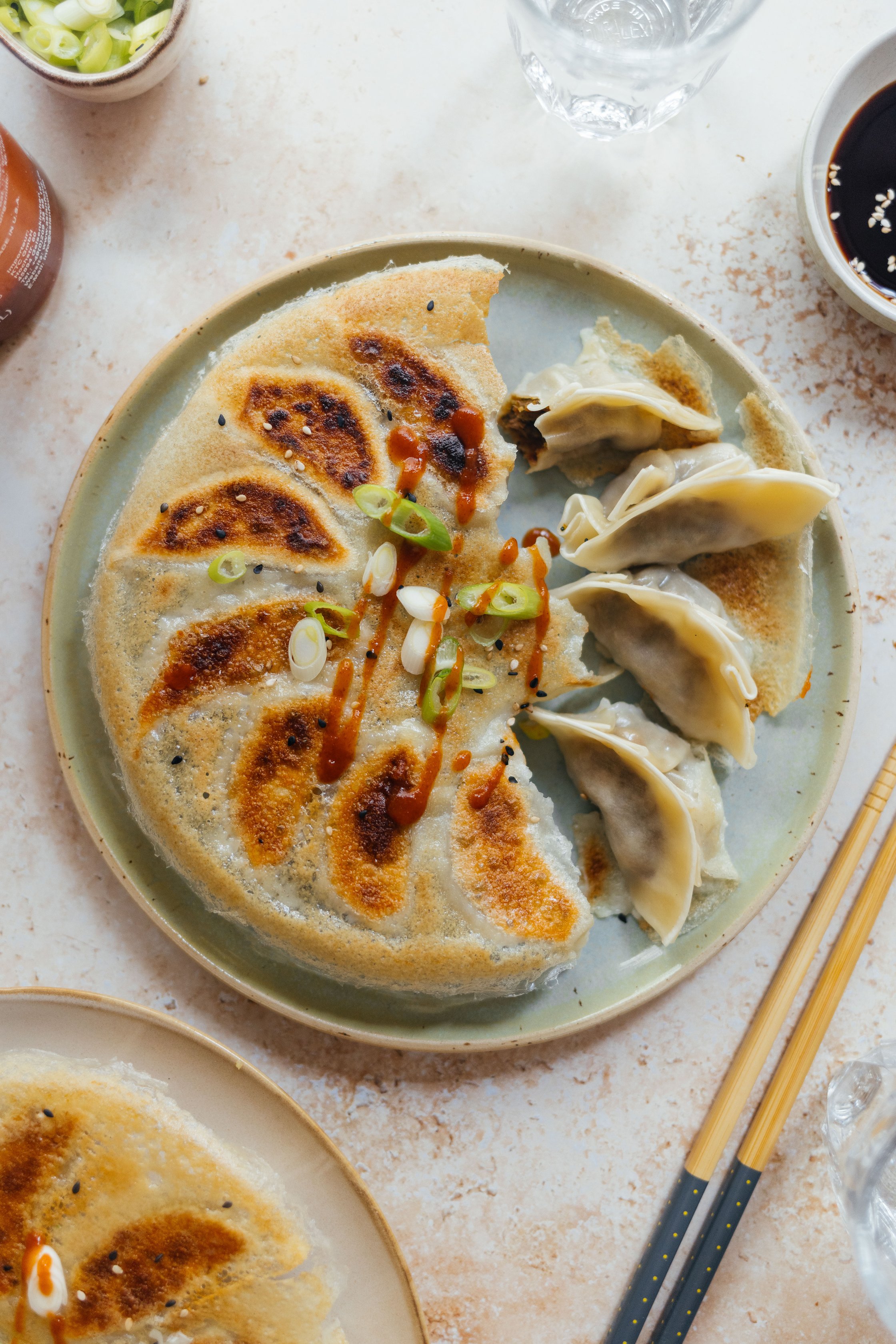 vegan dumplings with crunchy base on a plate
