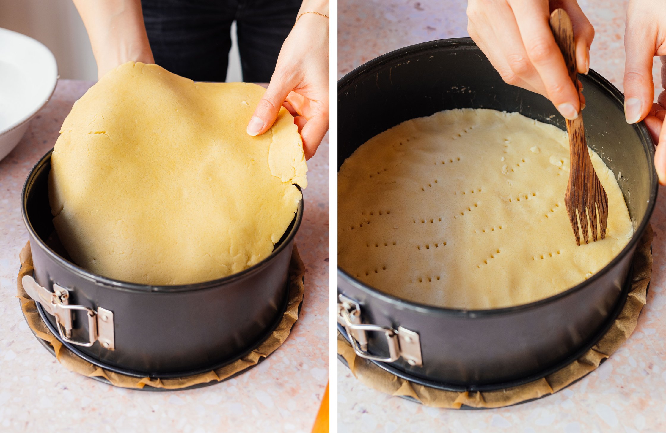 vegan shortcrust pastry is placed in a mold