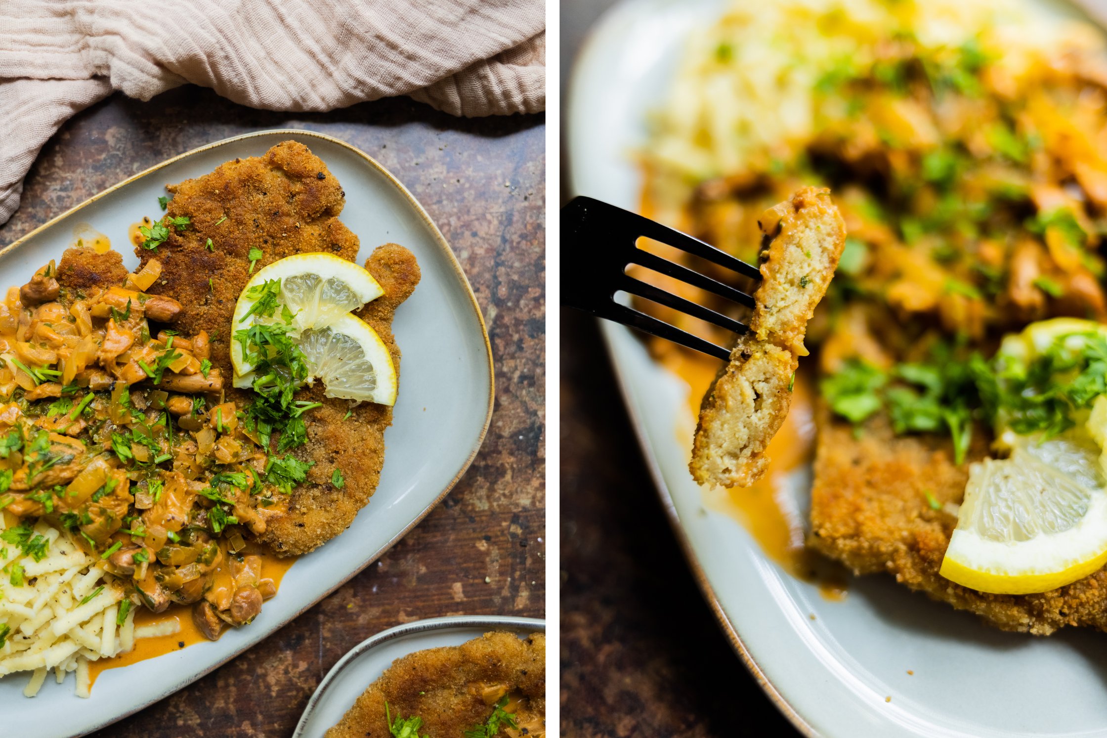 Veganes Jägerschnitzel auf einem Teller mit Spätzle und Pfifferlingsoße mit Petersilie und Zitronenscheiben dekoriert