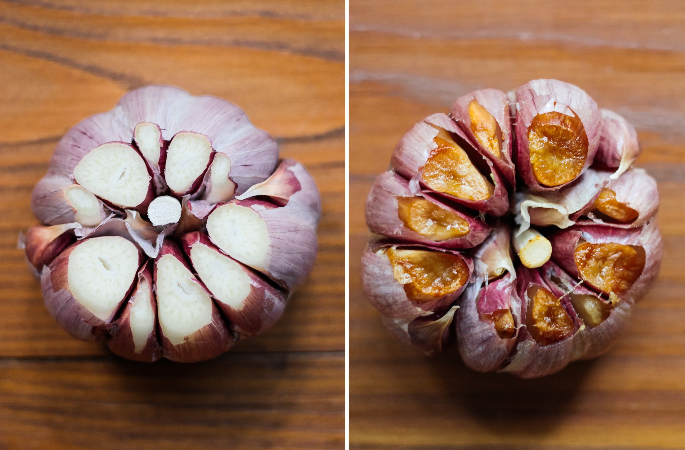 knoblauchknolle vor und nach dem backen