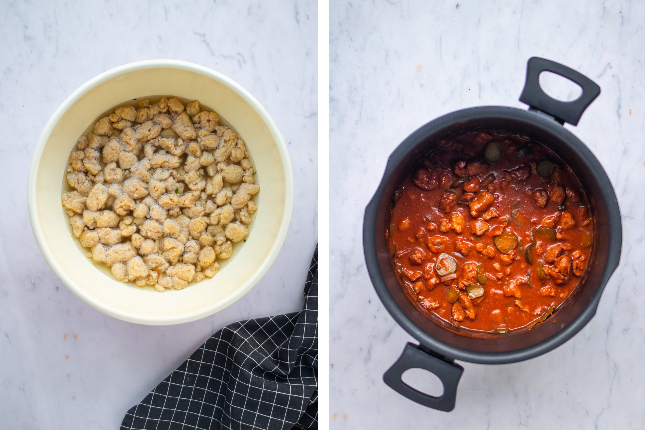 Soaked soy chunks in a glass bowl and cooked vegan goulash in a black pot against a white background.