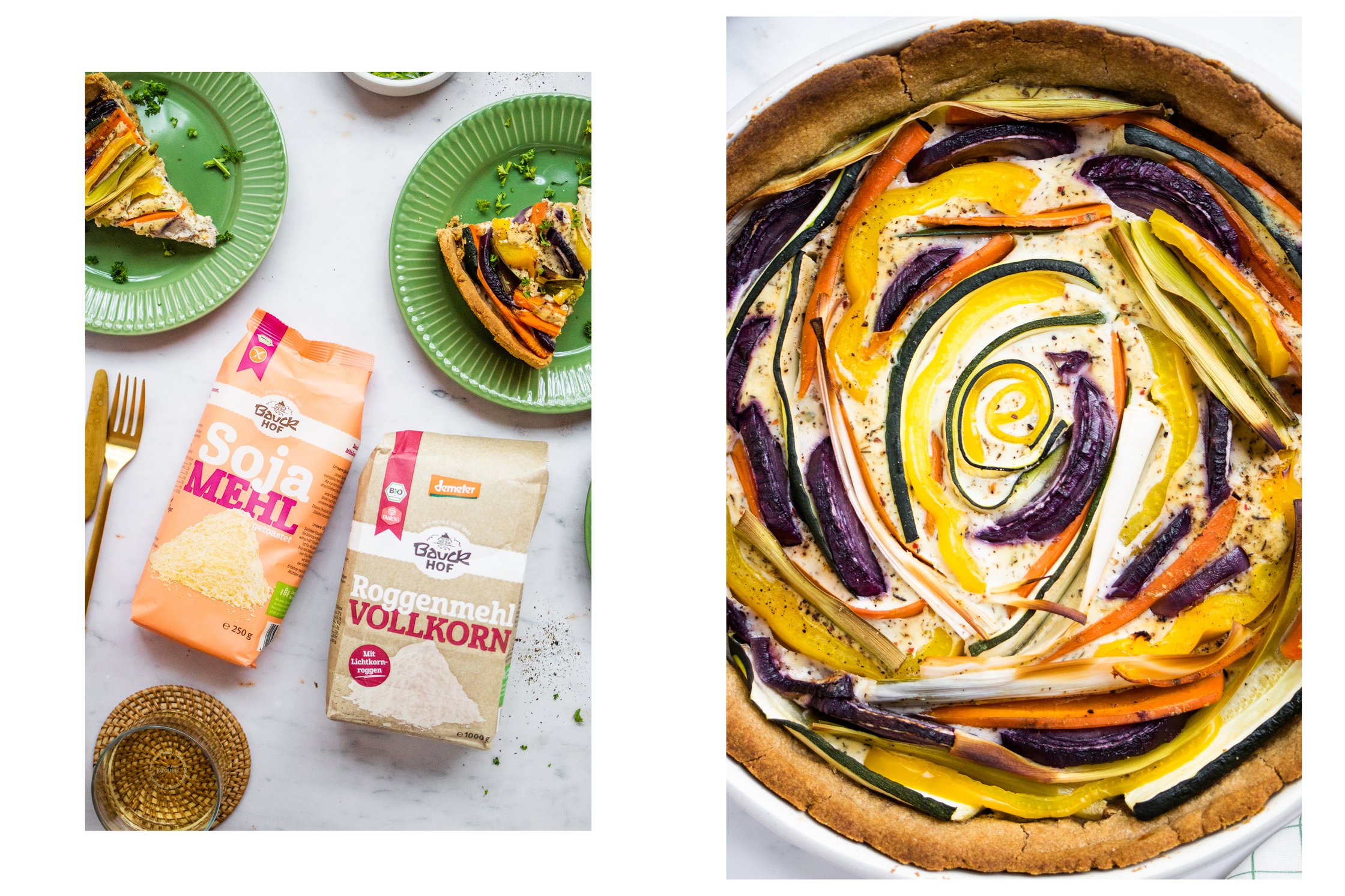 Flour from Bauckhof, Vegetable Quiche on plates, cutlery, baked vegetable quiche