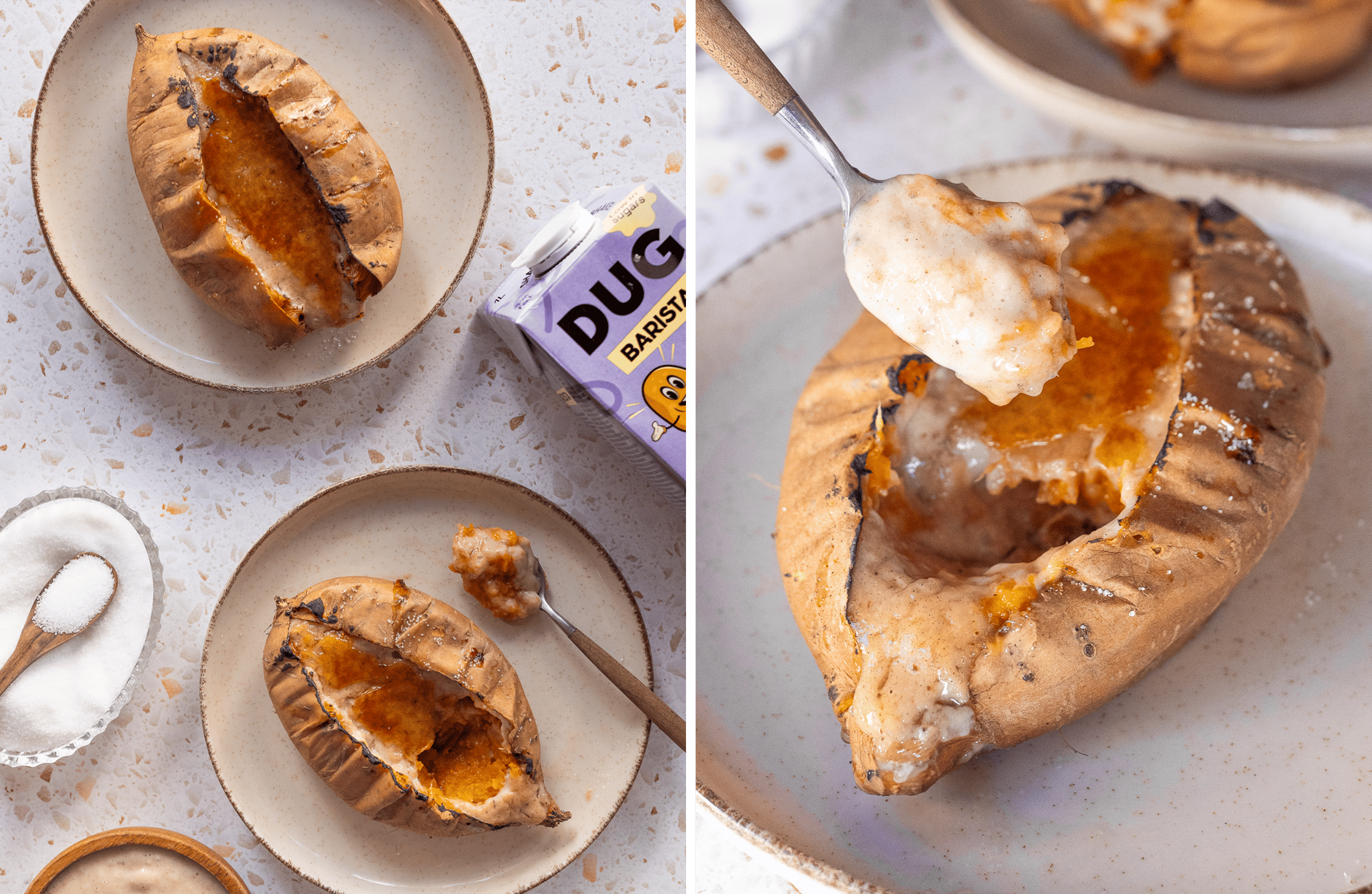A sweet potato crème brûlée sits on a beige plate, a spoon with cream lies next to it, and another spoon is just being lifted