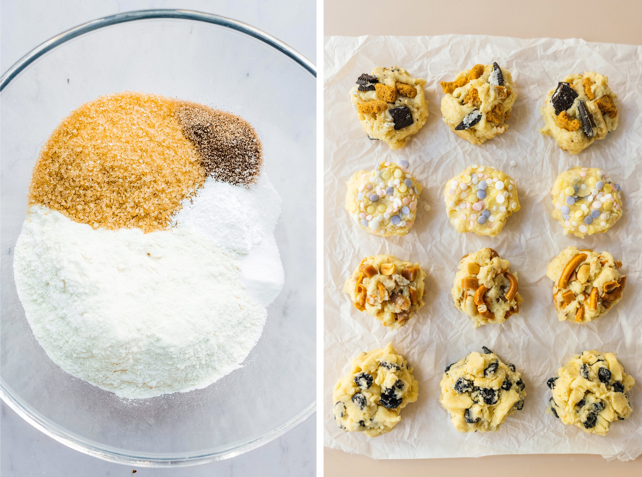 ingredients for vegan cookies and four types of cookies before baking