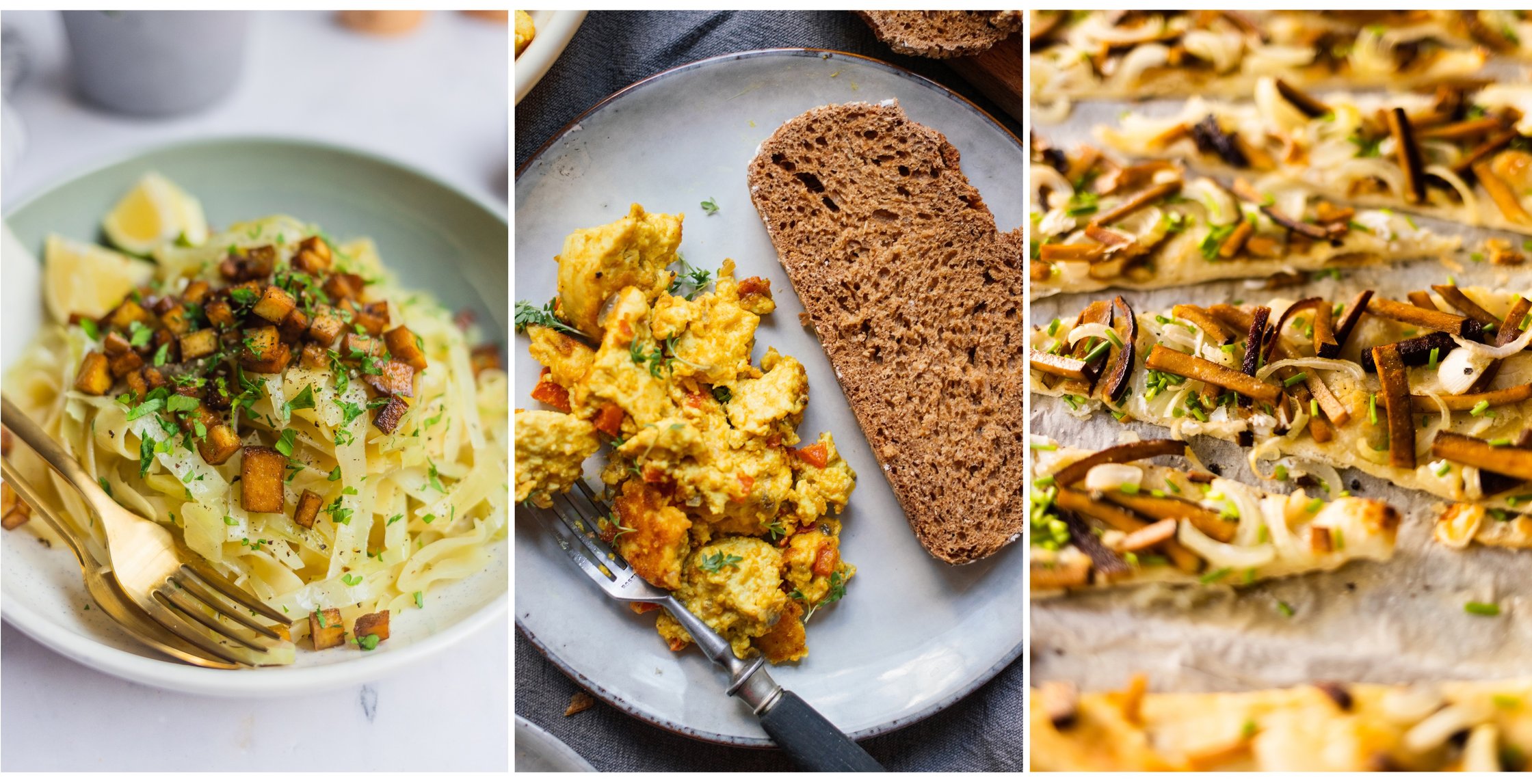3 Rezeptfotos: vegane Krautnudeln, veganes Rührei, veganer Flammkuchen