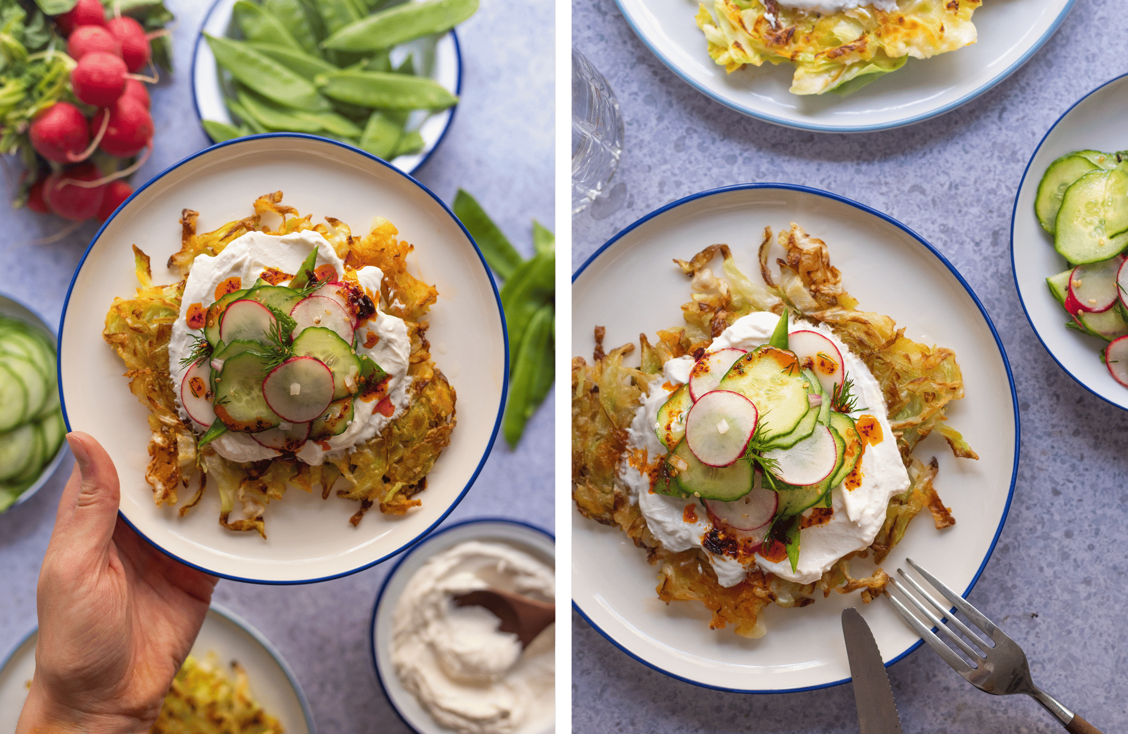 Spitzkohl-Rösti mit Sour Cream und Radieschen-Gurken-Zuckerschoten-Salat