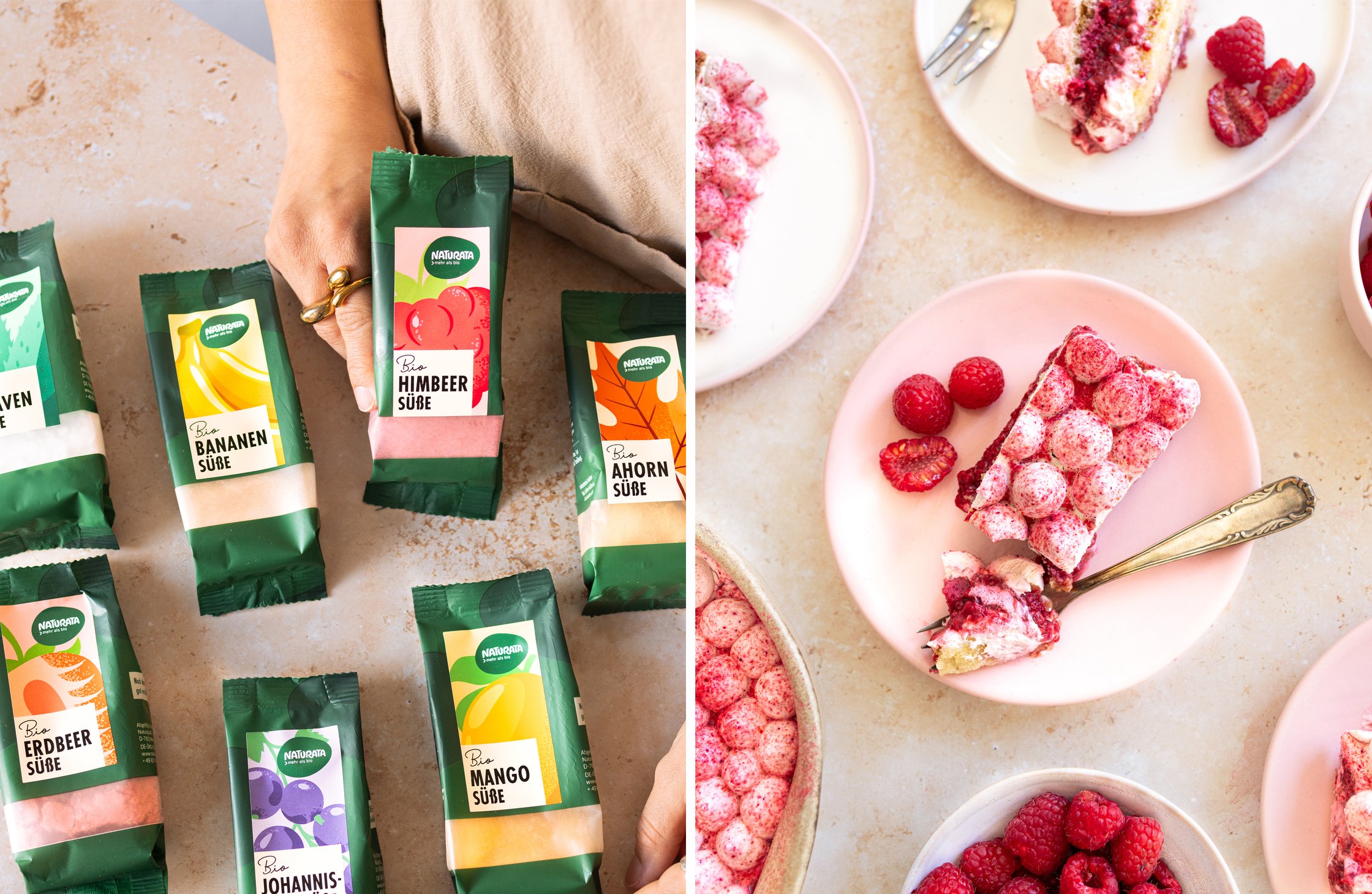 Two-part image - Left: Naturata product line of fruit sweeteners. Right: Vegan raspberry tiramisu on several plates.