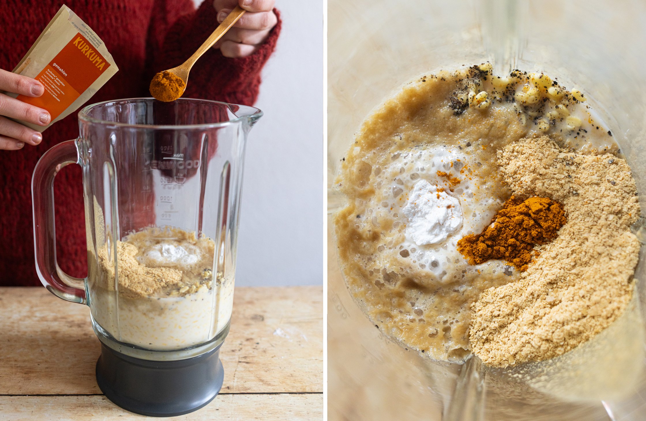 Two-part image showing the ingredients in a blender and mung beans, oat milk and spices in the top shot.