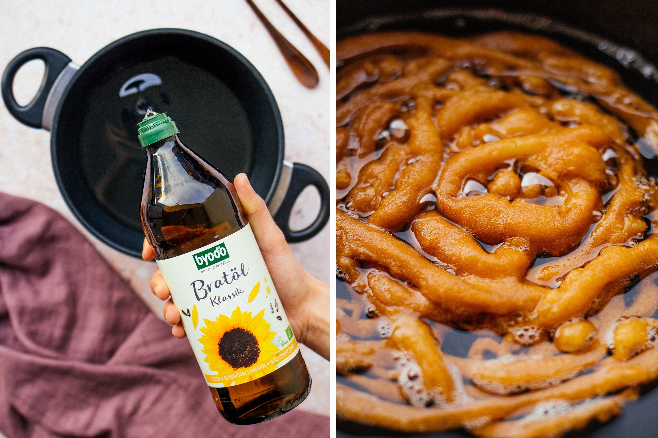 Bratöl und veganer Funnel Cake in Bratöl