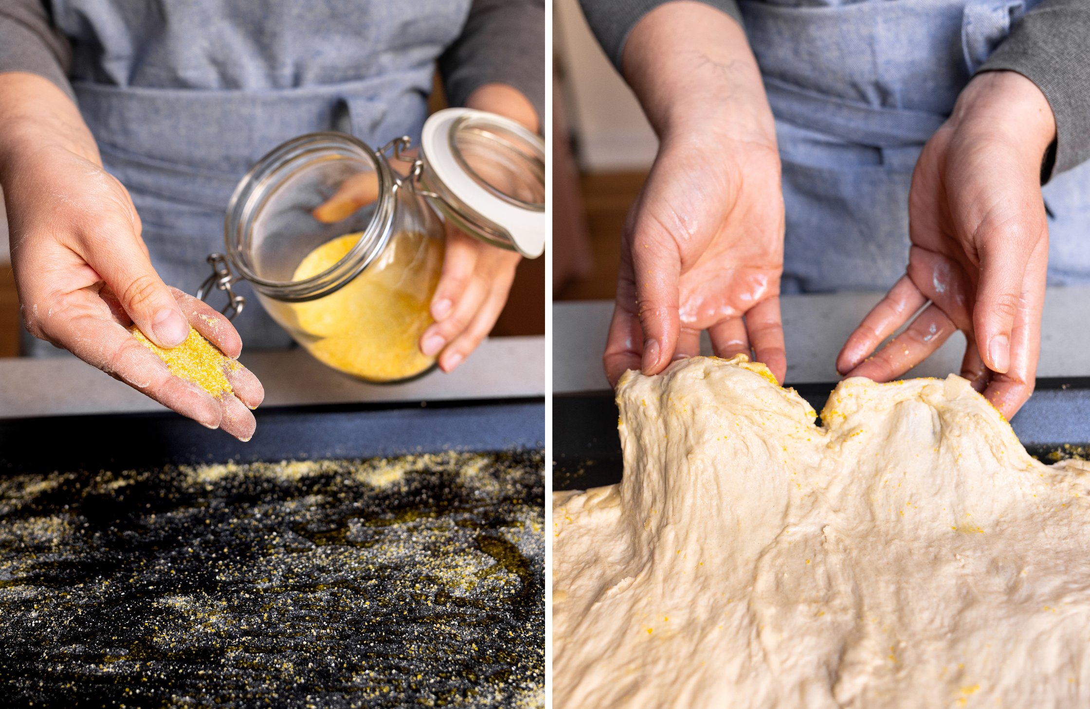 One the left side polenta is sprinkled on the baking sheet. On the right side the yeast dough is spread on the baking sheet.
