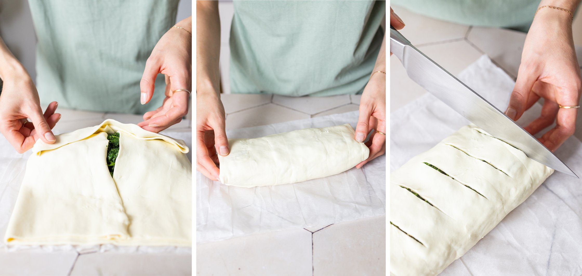 Here the puff pastry is folded around the spinach and salmon.