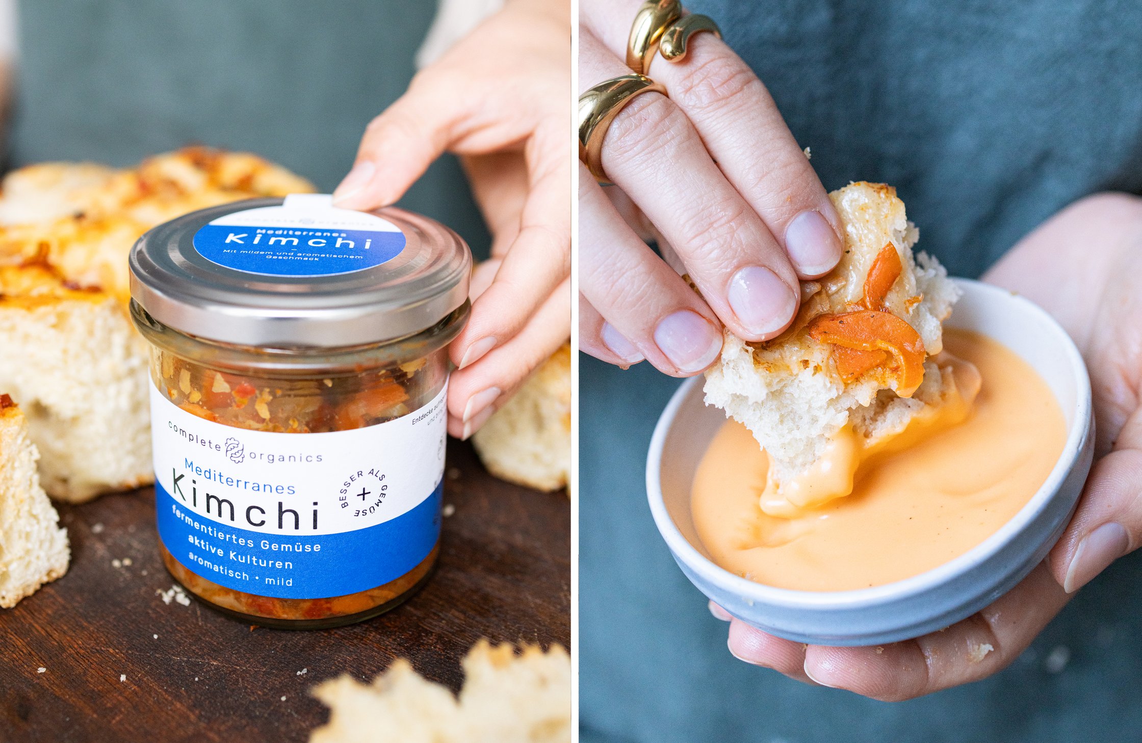 Zweigeteiltes Bild mit Kimchiglas und einem Stück Focaccia, das in Chili-Mayo gedippt wird.