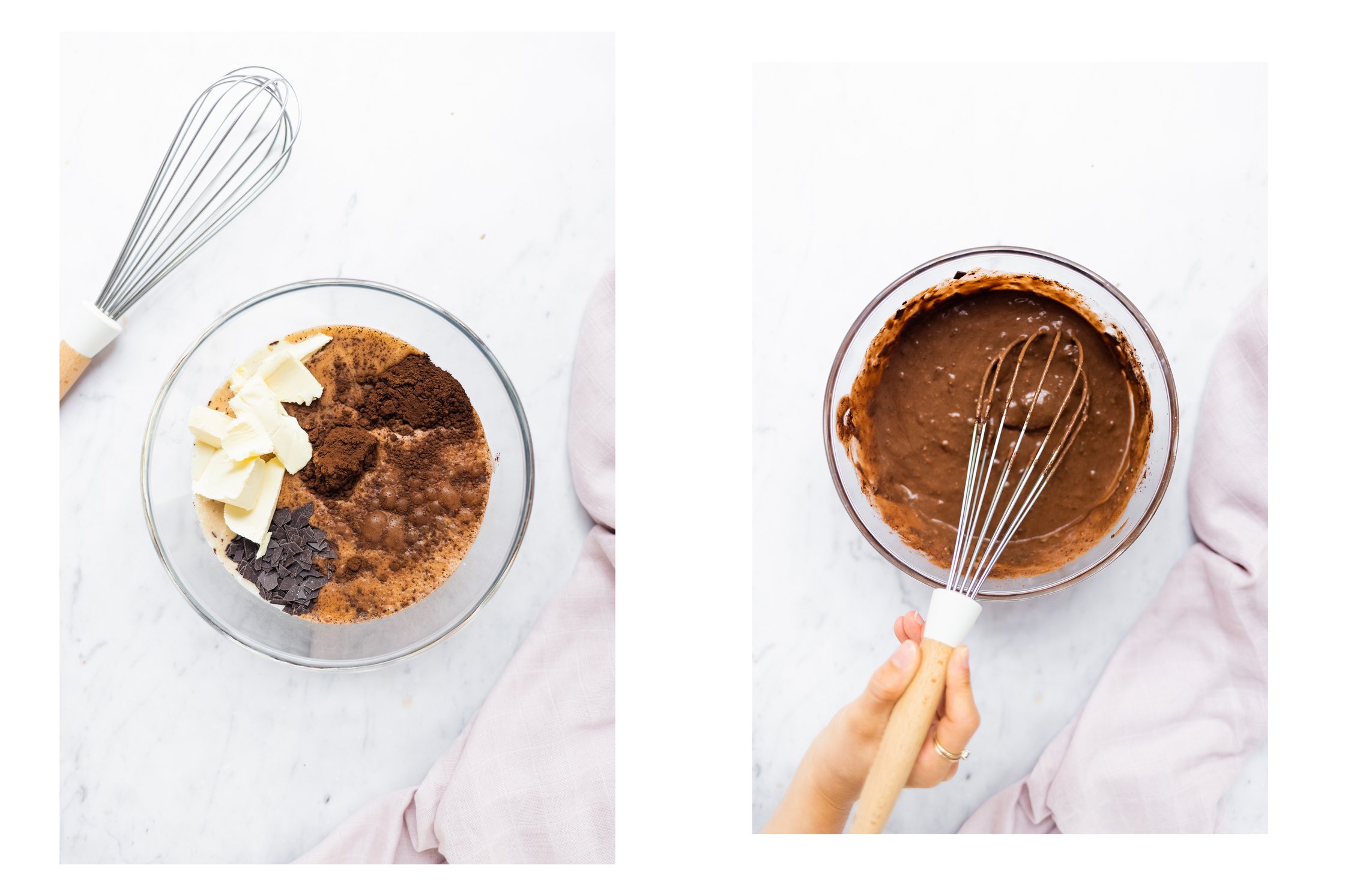 Zutaten für den veganen Schoko-Kirsch-Muffin in einer Schüssel mit Schneebesen
