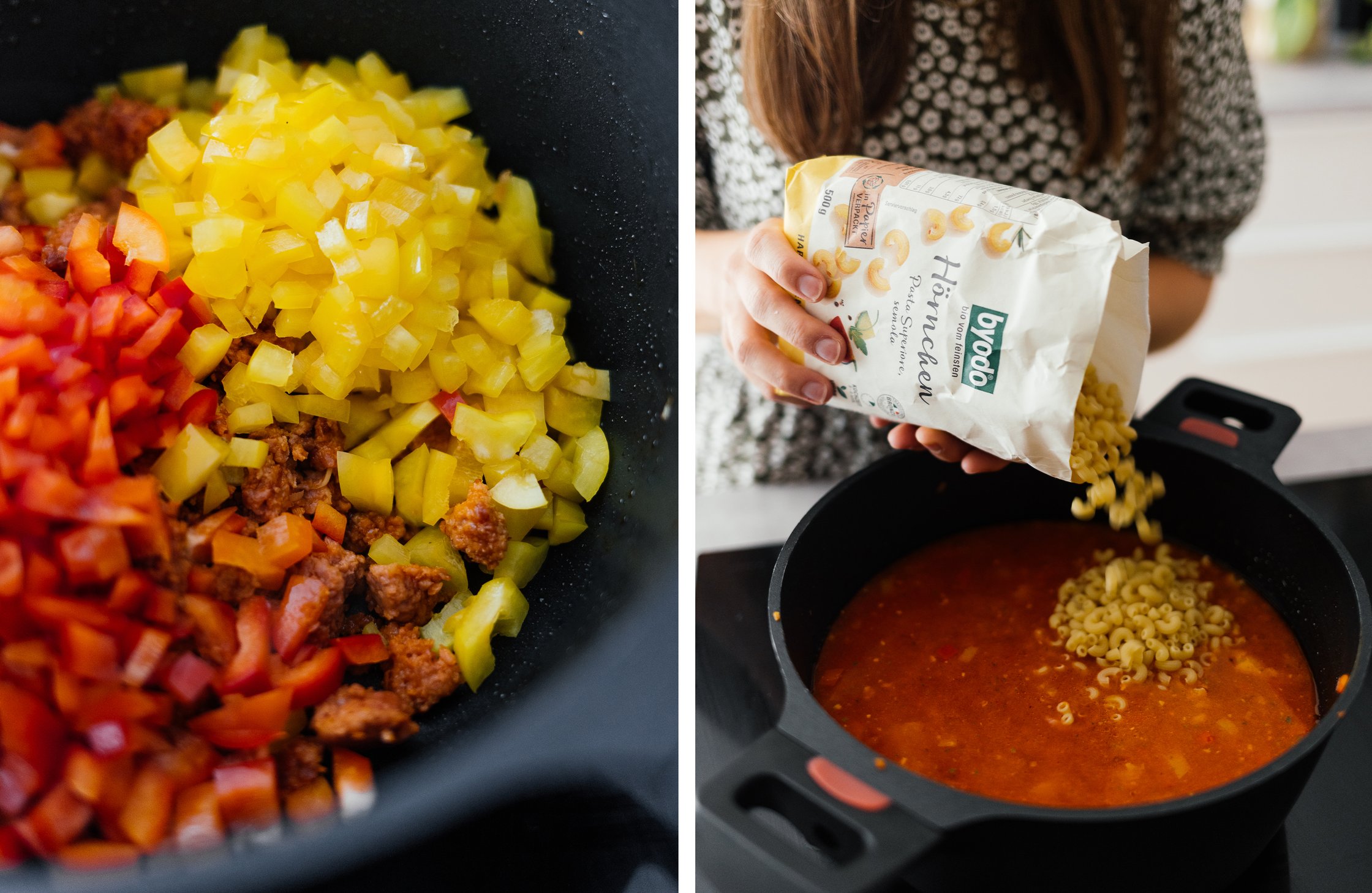 bell pepper and vegan mince in a pot; adding noodles to the pot