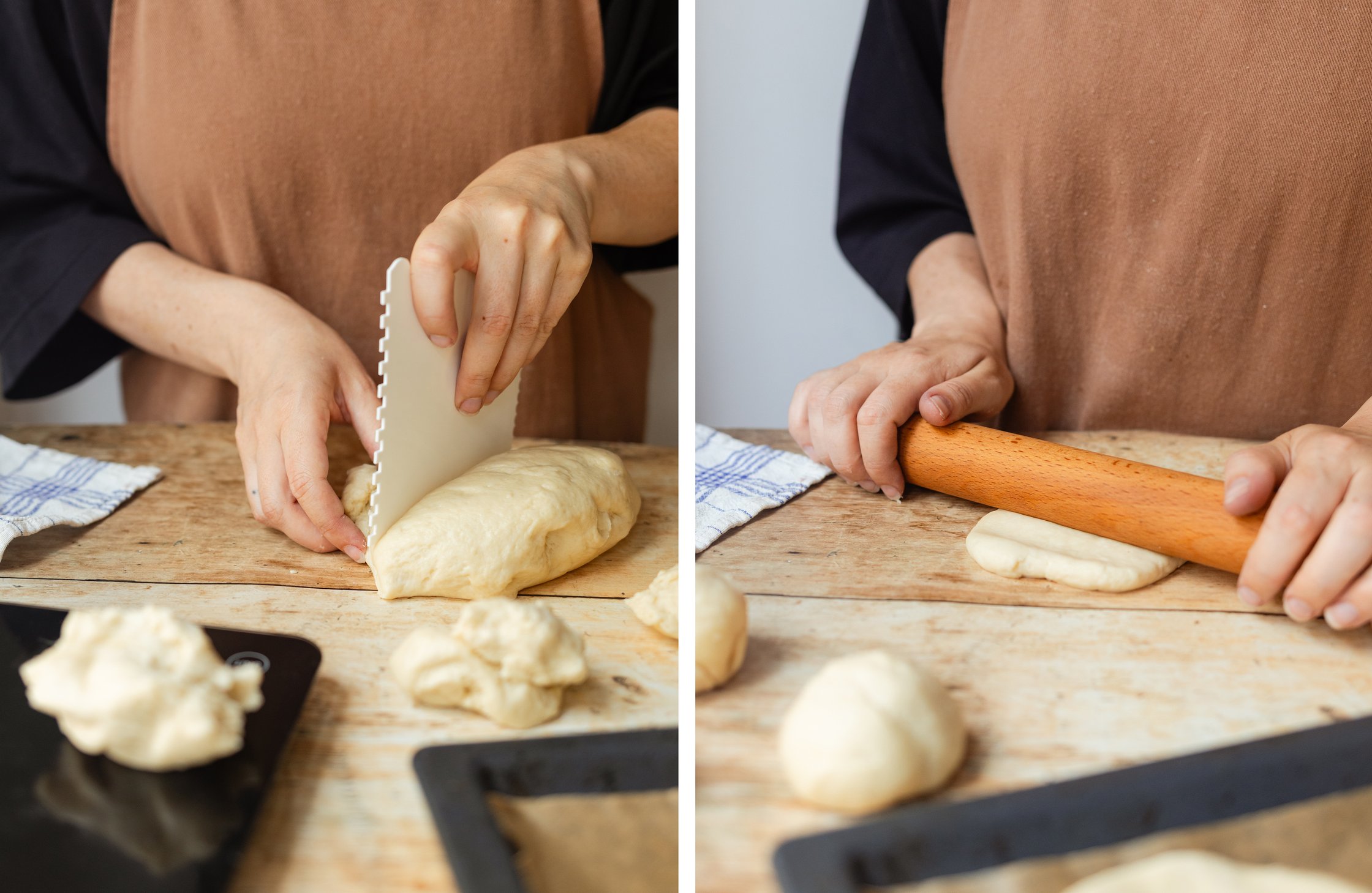 Teig für Streuselschnecken wird geformt und ausgerollt