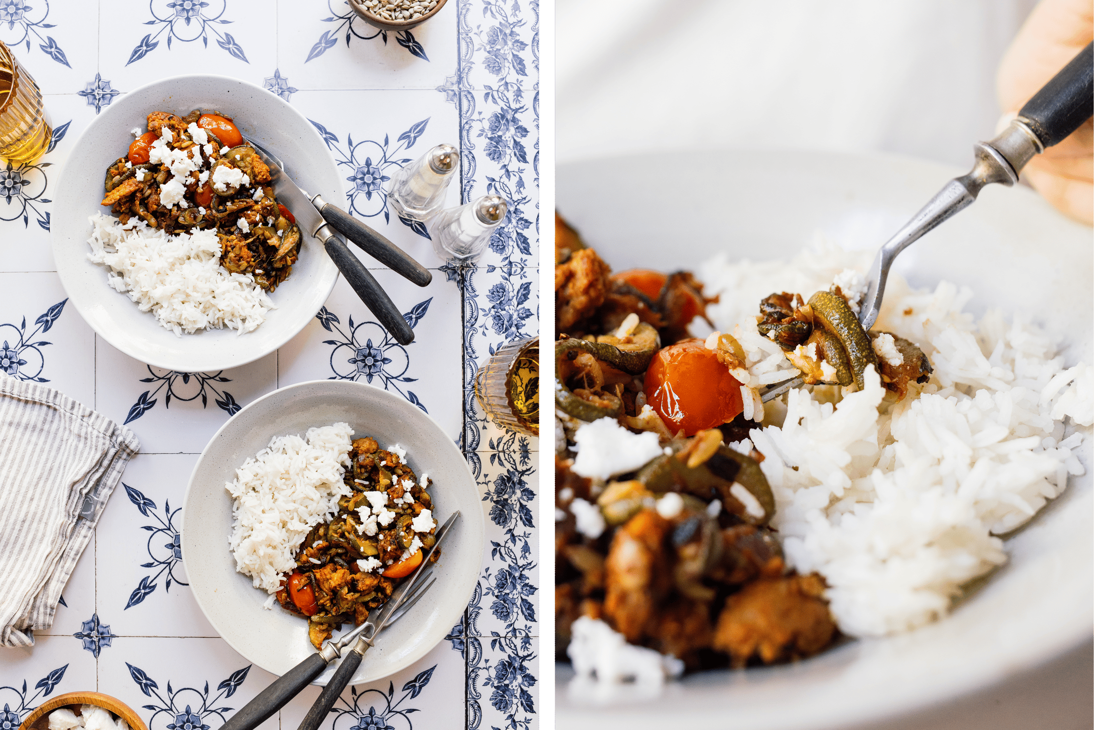 Reis mit veganem Hack und Zucchini