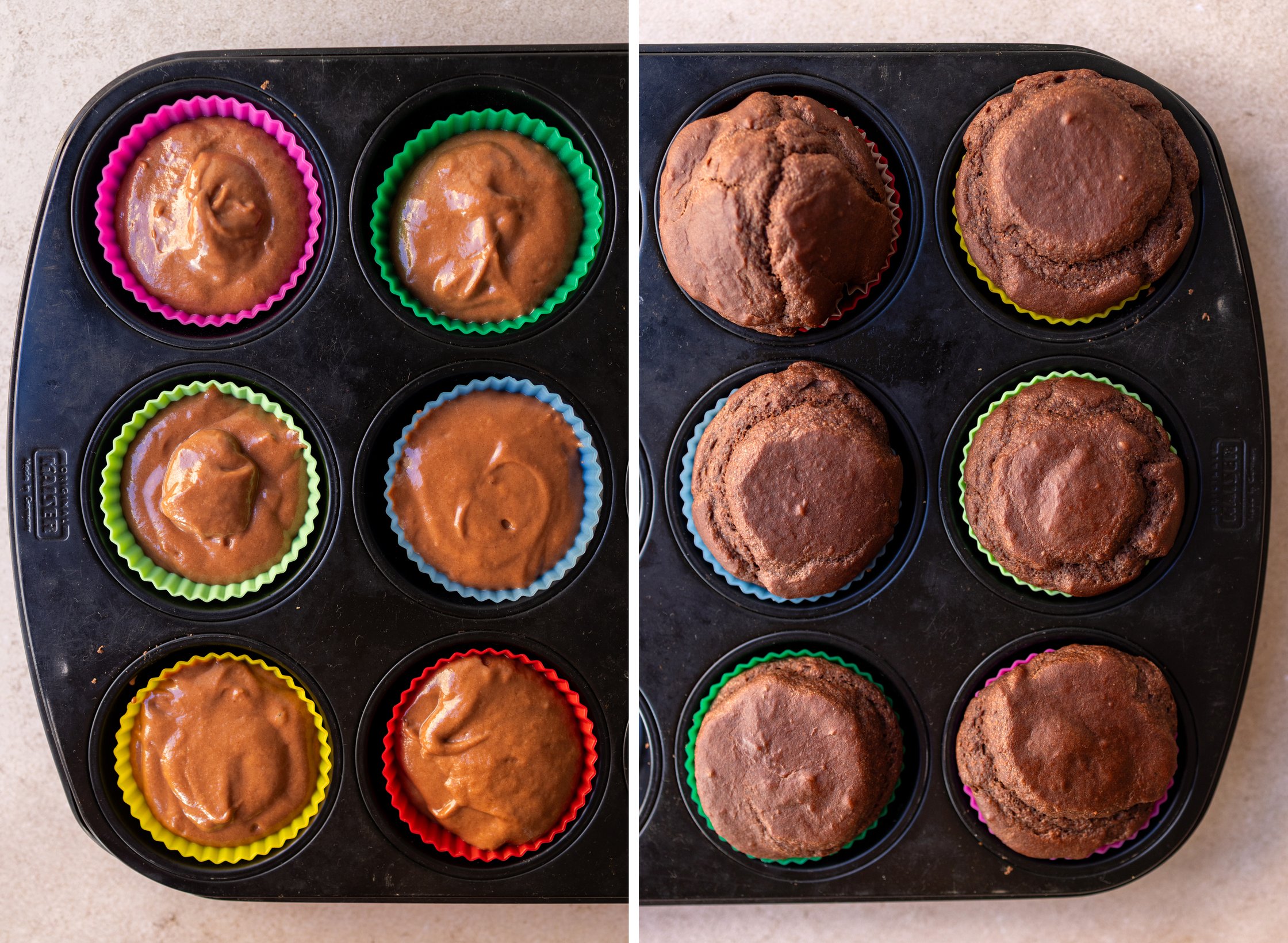 schokoladenmuffins vor und nach dem backen